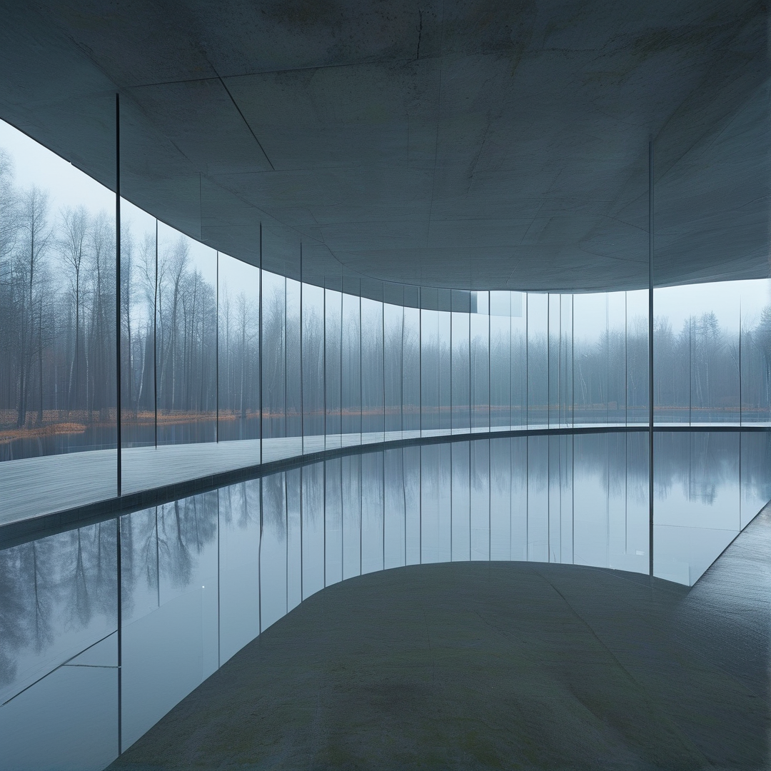 A minimalist interior with a curved glass wall looks out onto a silent lake and trees hidden in thick blue fog.