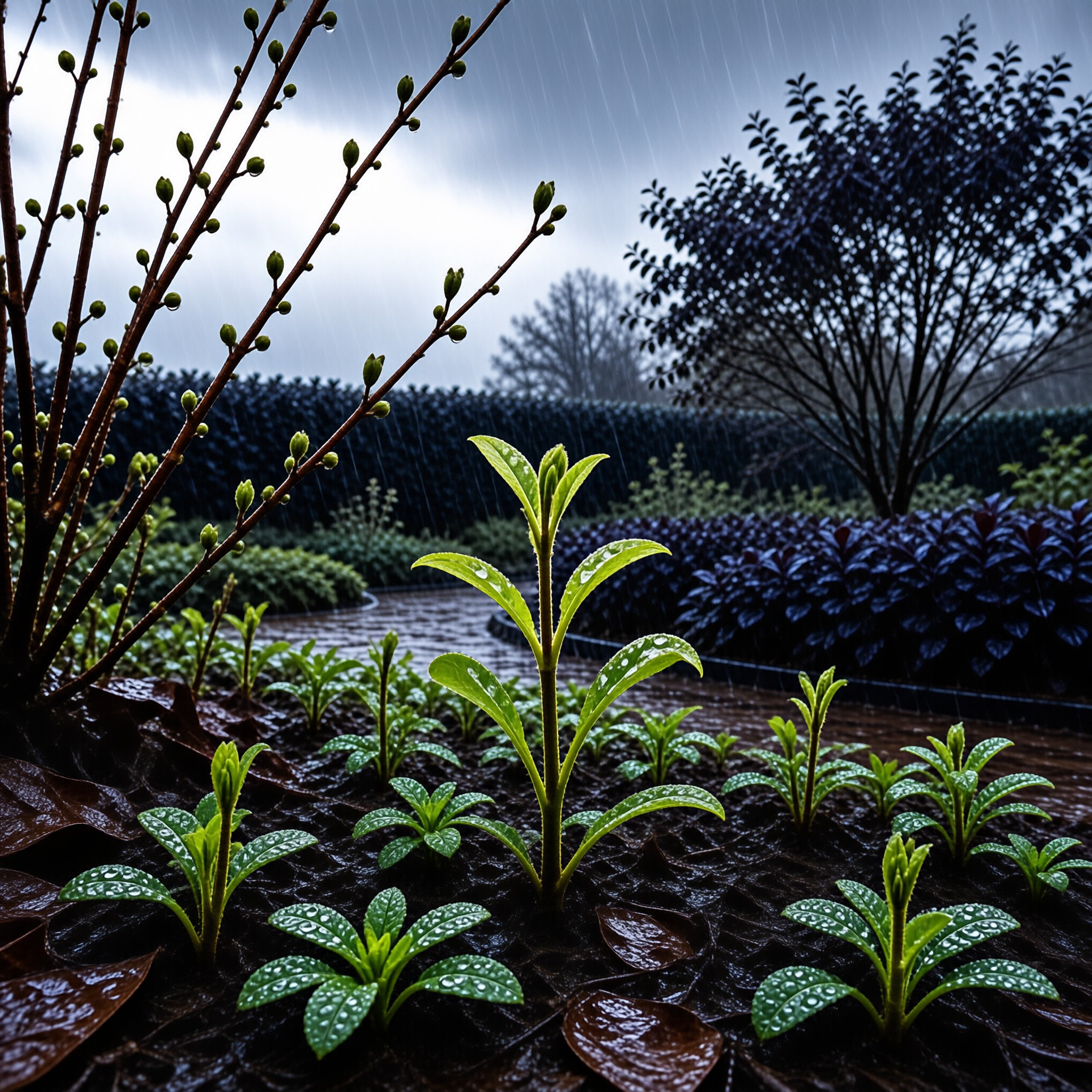 Young Tea Plants in Rain