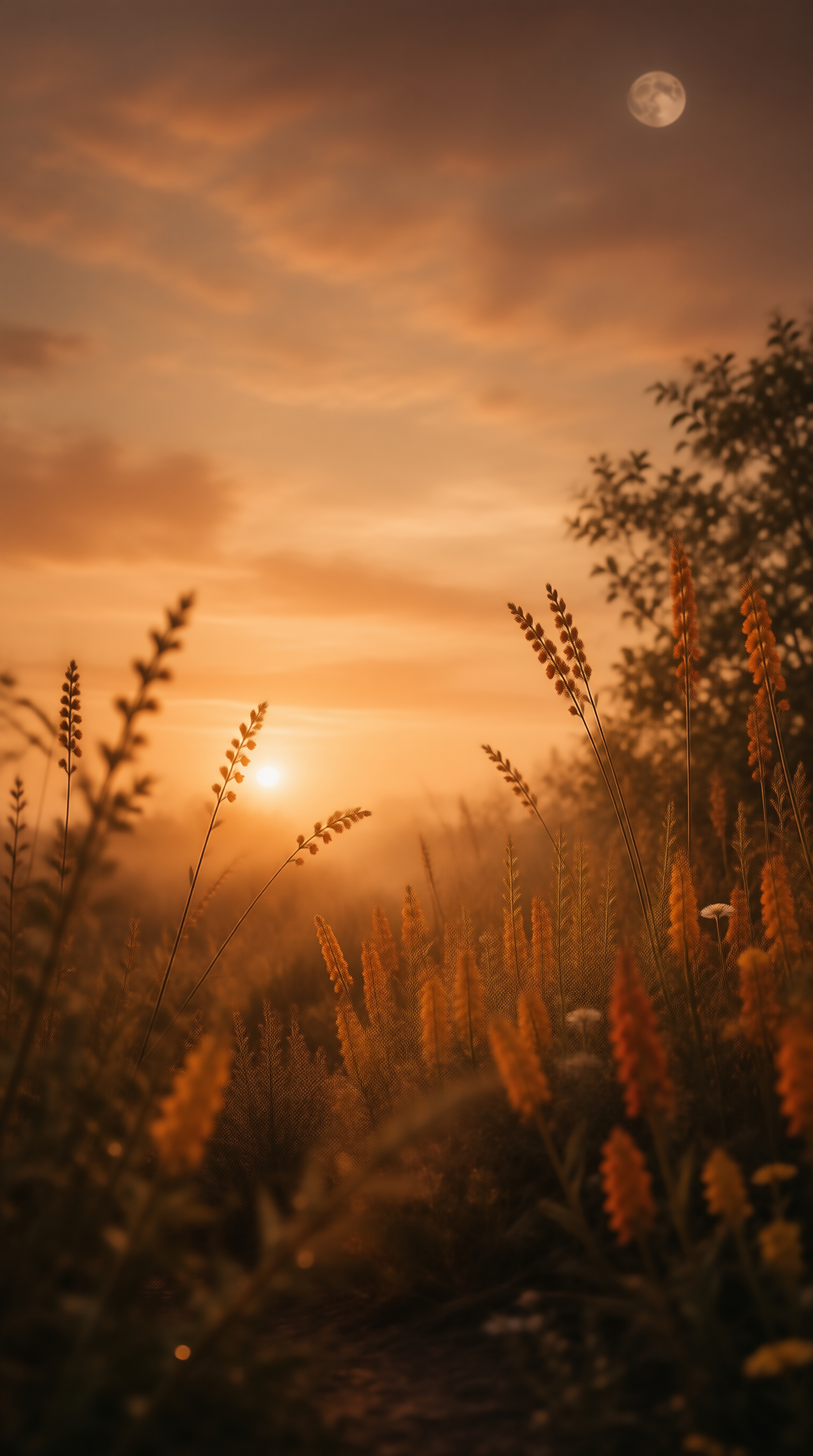 Golden Sunset Meadow With Moon