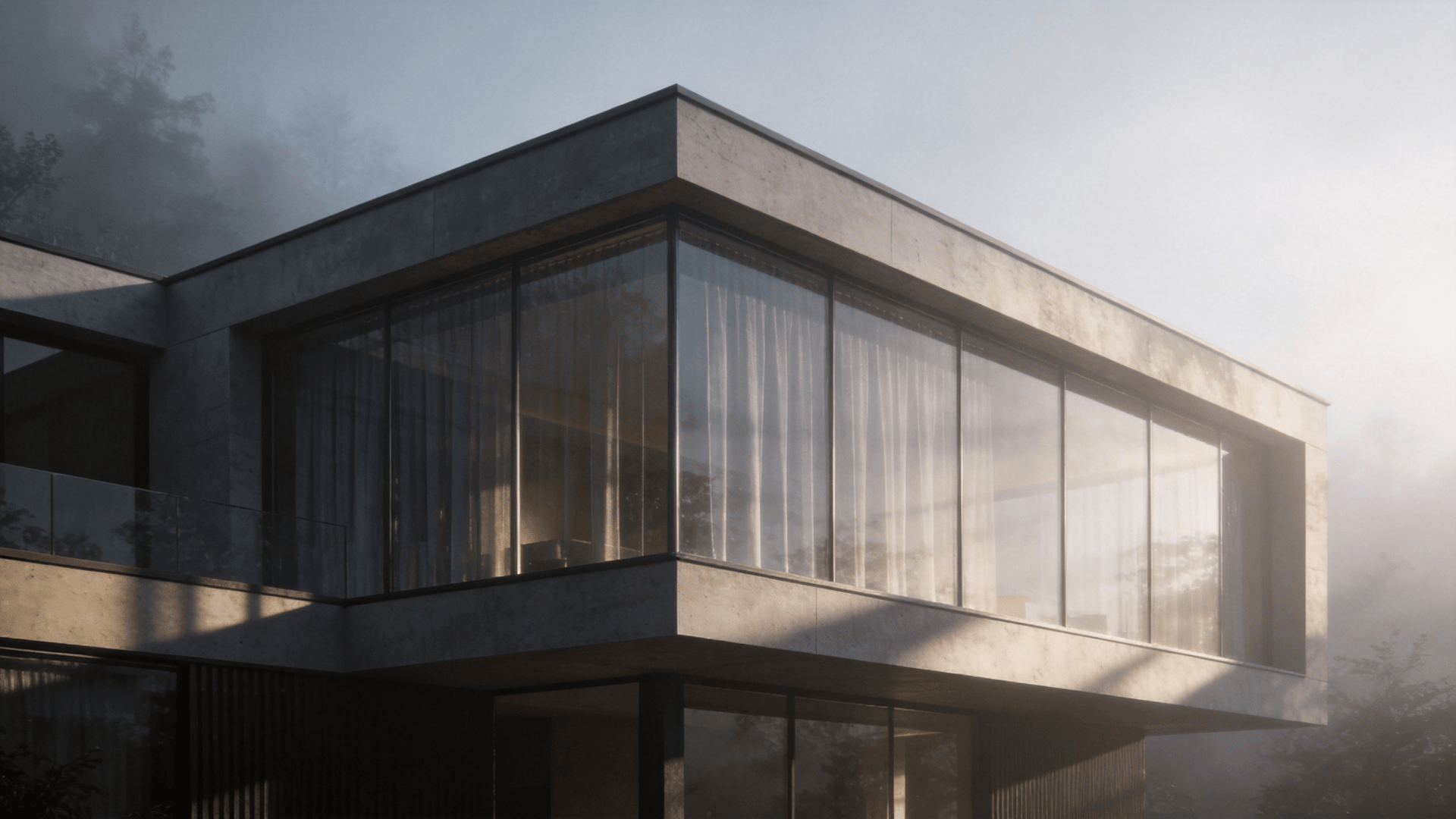 Villa with Glass Curtain Wall — Foggy Morning