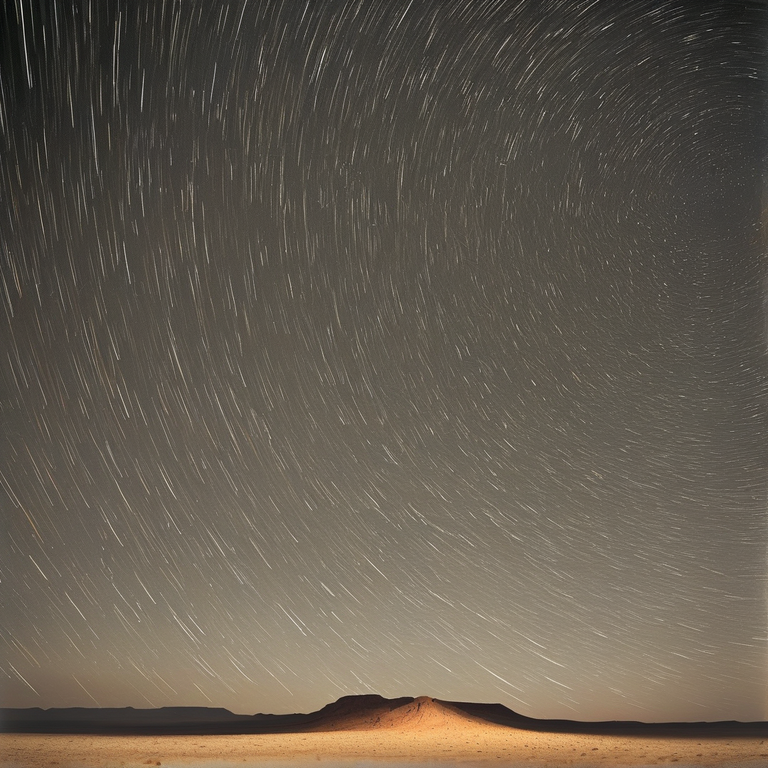Curving streaks of star light sweep across the dark night sky above a warm glowing sand dune under a gradient sky.