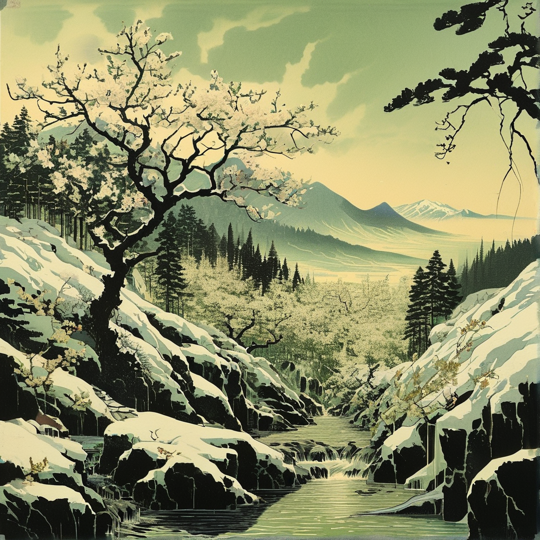 Stylized print of a river between snow banks, flowering branches foregrounded, distant green mountain peaks under muted light.