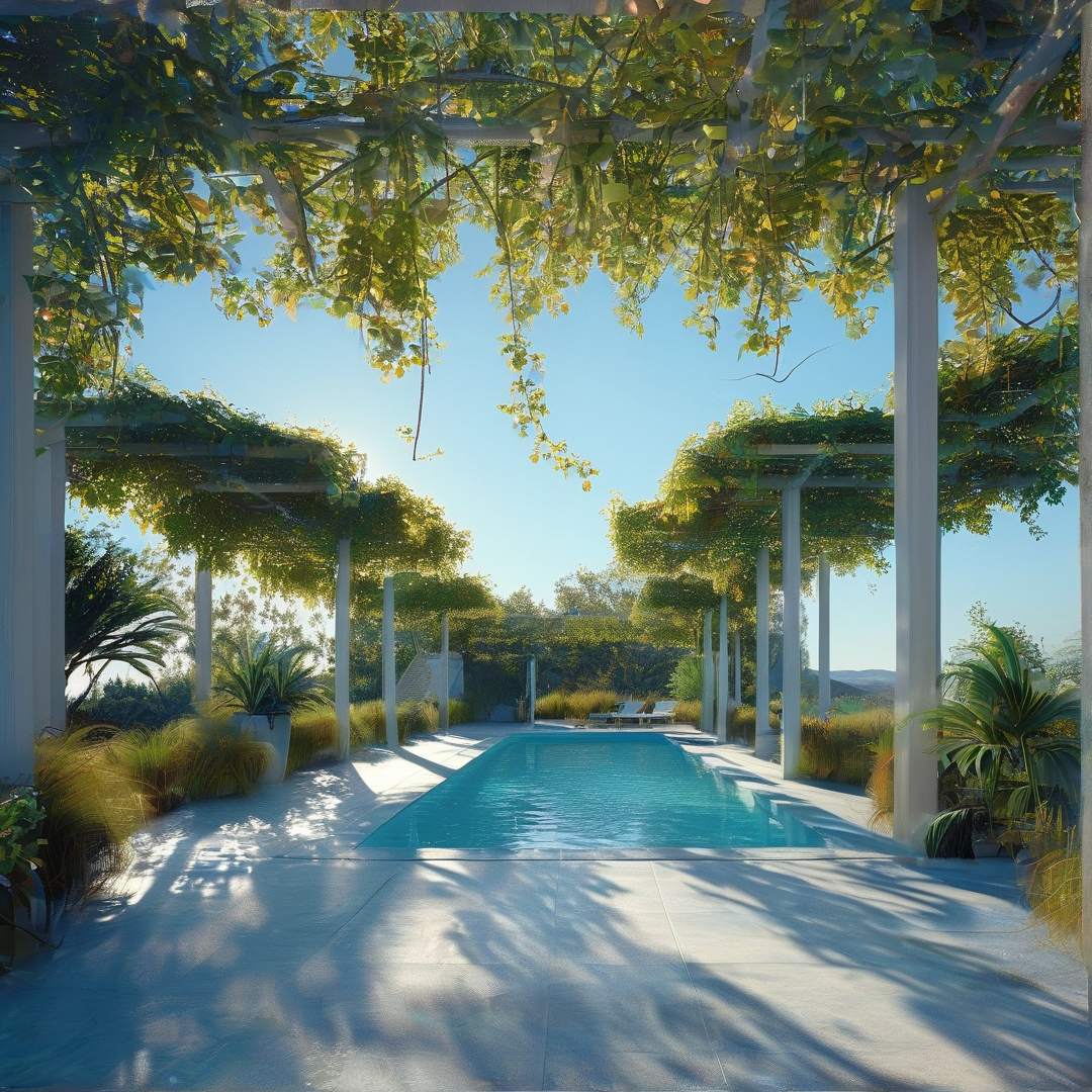 A long swimming pool lies beneath leafy pergolas casting dappled shadows on the stone patio near lounge chairs.