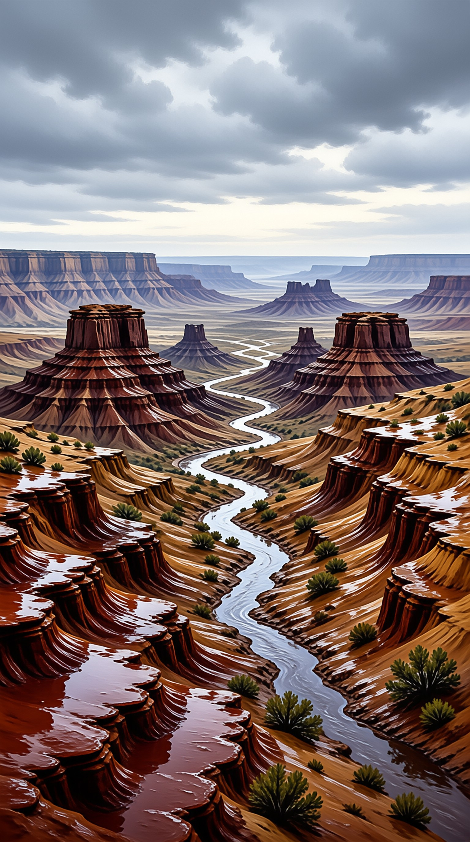A winding river flows between towering red rock formations beneath a dramatic overcast sky with scattered clouds.