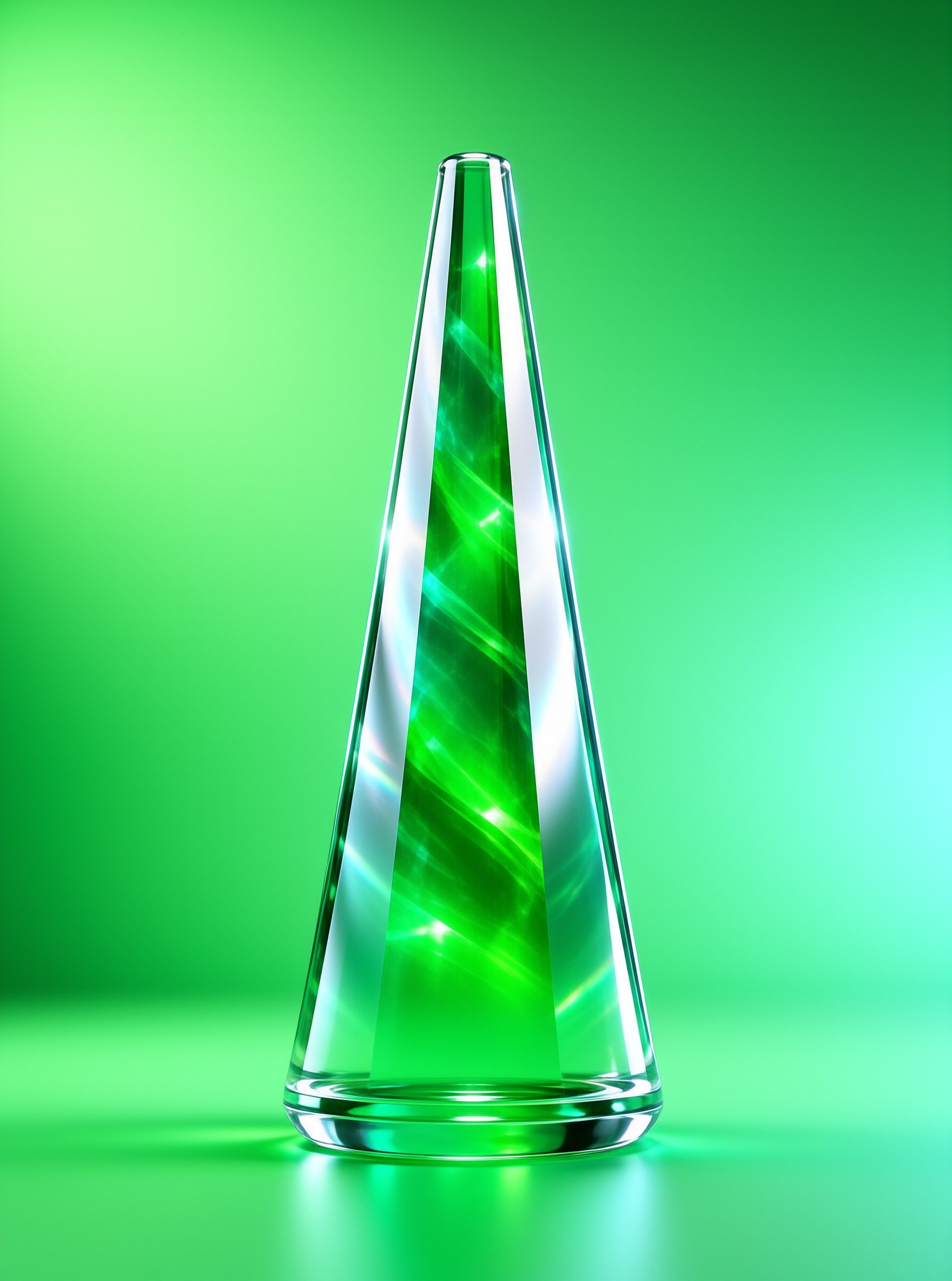 A tall transparent crystal column twists through the center of a frame filled with vibrant emerald hues.