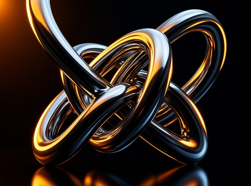 A polished interwoven metal knot rests against a deep black background, warm golden rim light tracing its glossy curved edges.