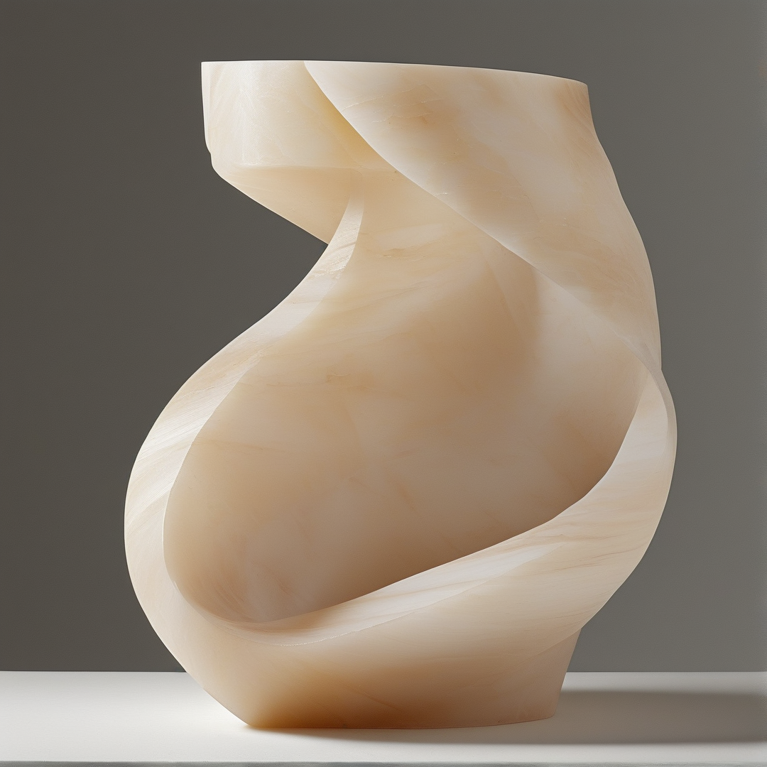 A twisted white sculpture with a vase-like shape rests on a surface against a grey background in soft light.