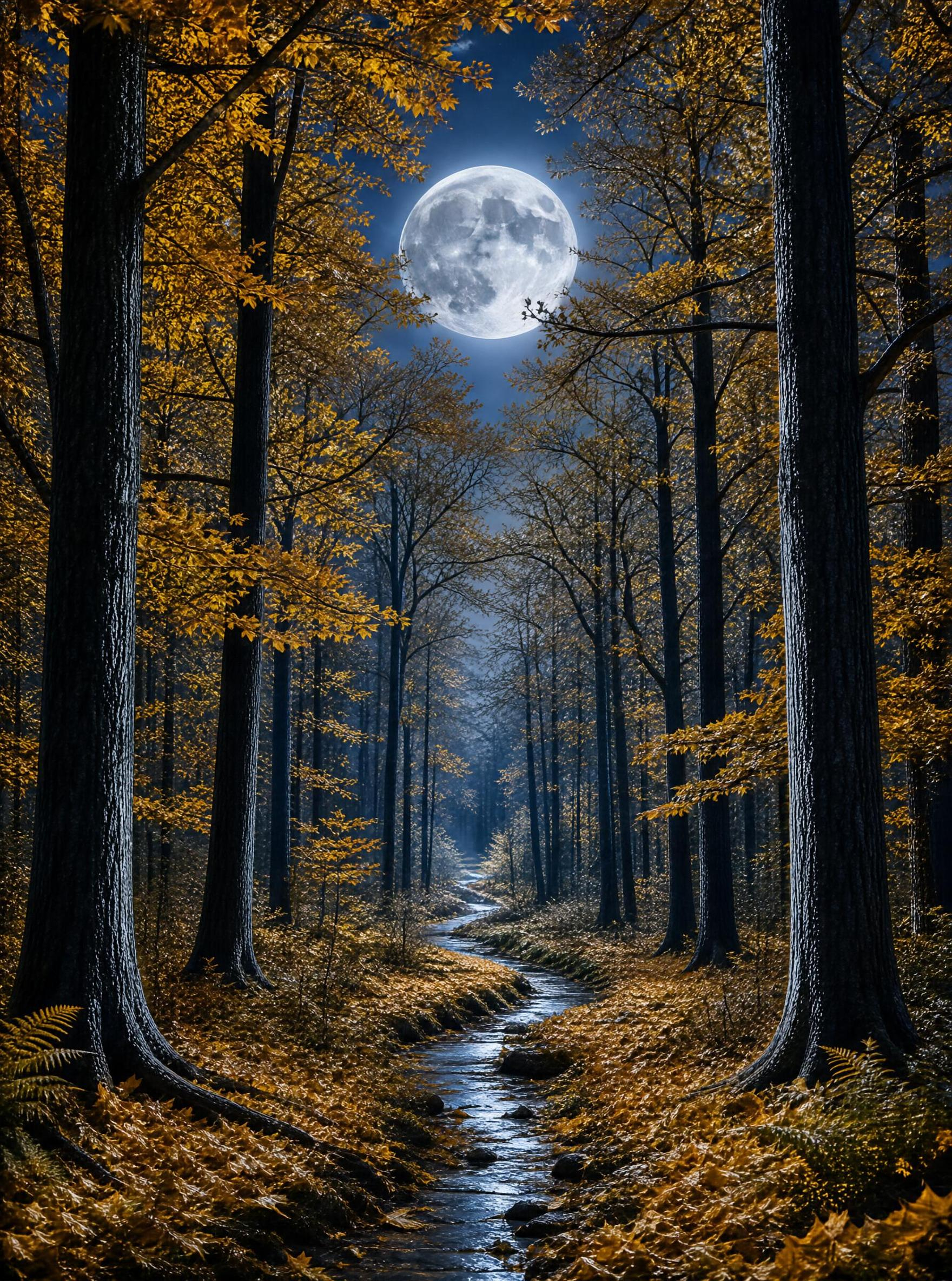 Autumn Night Forest with Full Moon