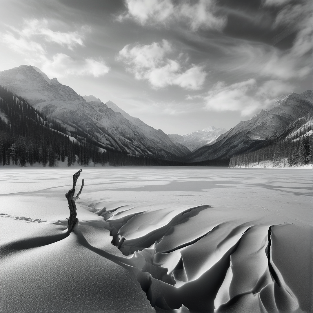 A monochromatic landscape featuring wind carved snow drifts on a frozen lake surrounded by steep forested mountains.