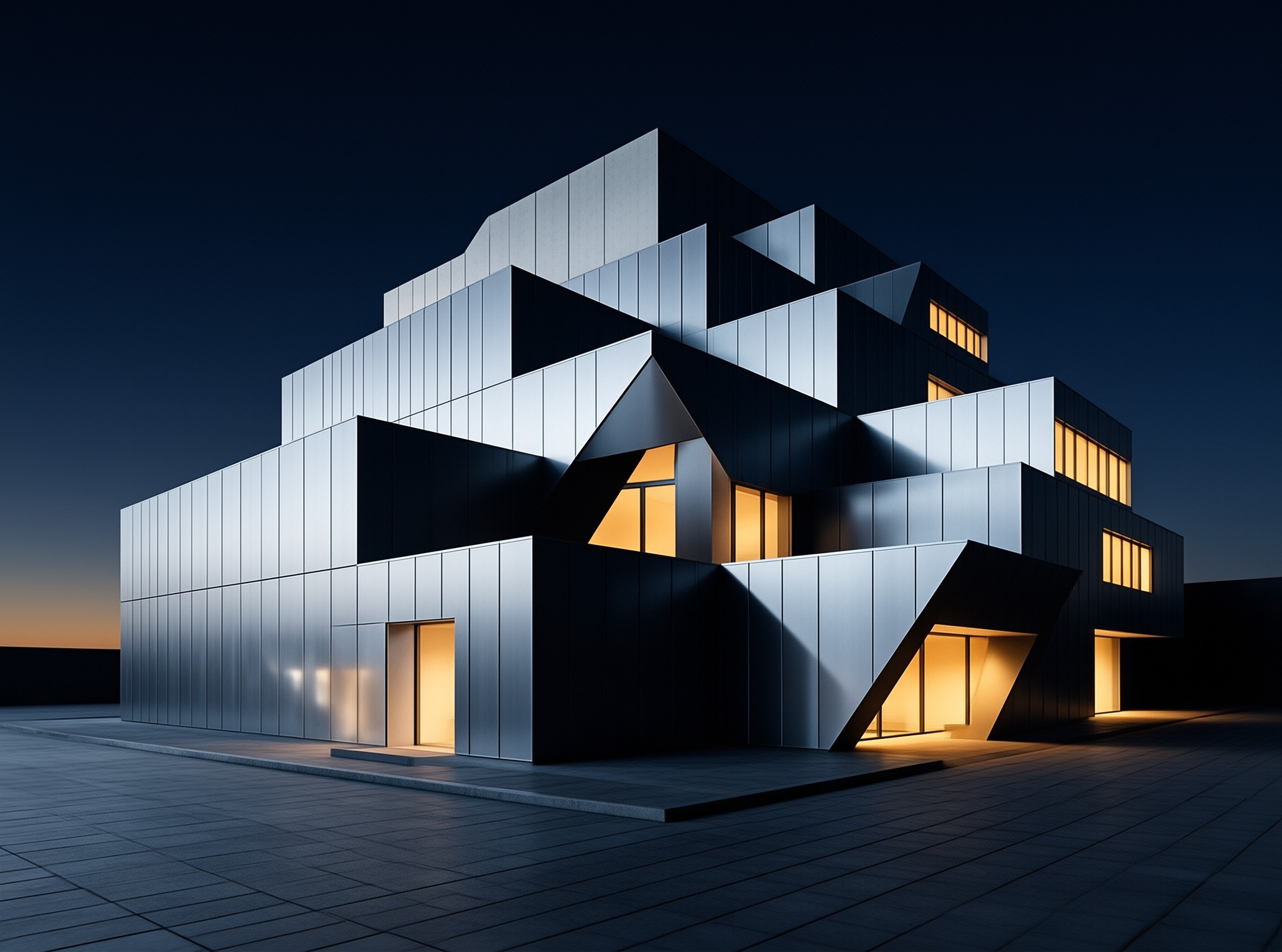 Angular silver building at twilight with warm yellow light glowing from its windows and entrance against a dark sky.