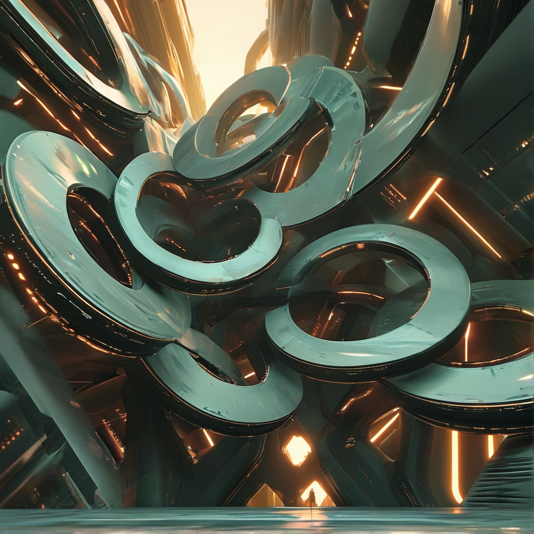 Sleek chrome rings are positioned inside a dark industrial space with glowing amber lights.