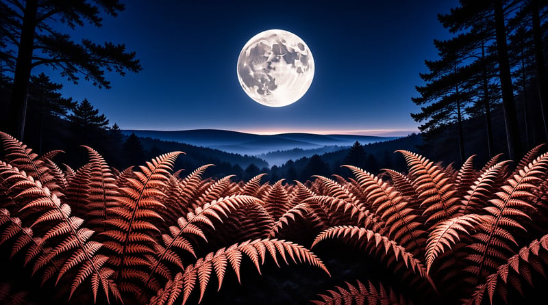 A detailed full moon floats over a misty pine forest while rust-colored ferns dominate the dark foreground.