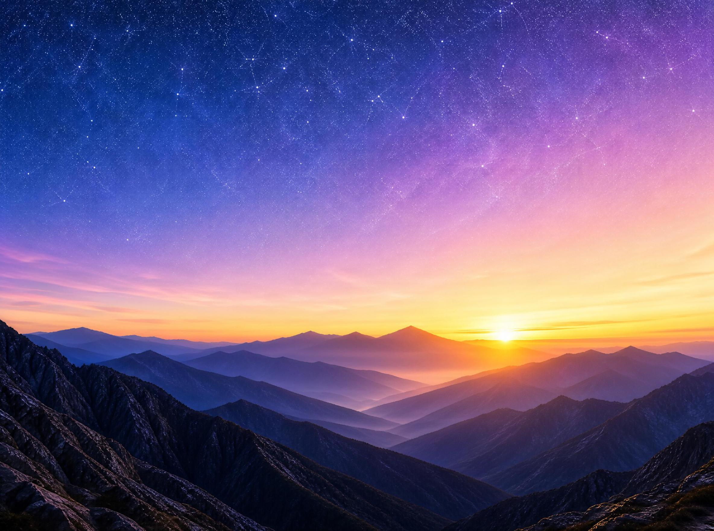 Mountain Sunrise under Starry Sky