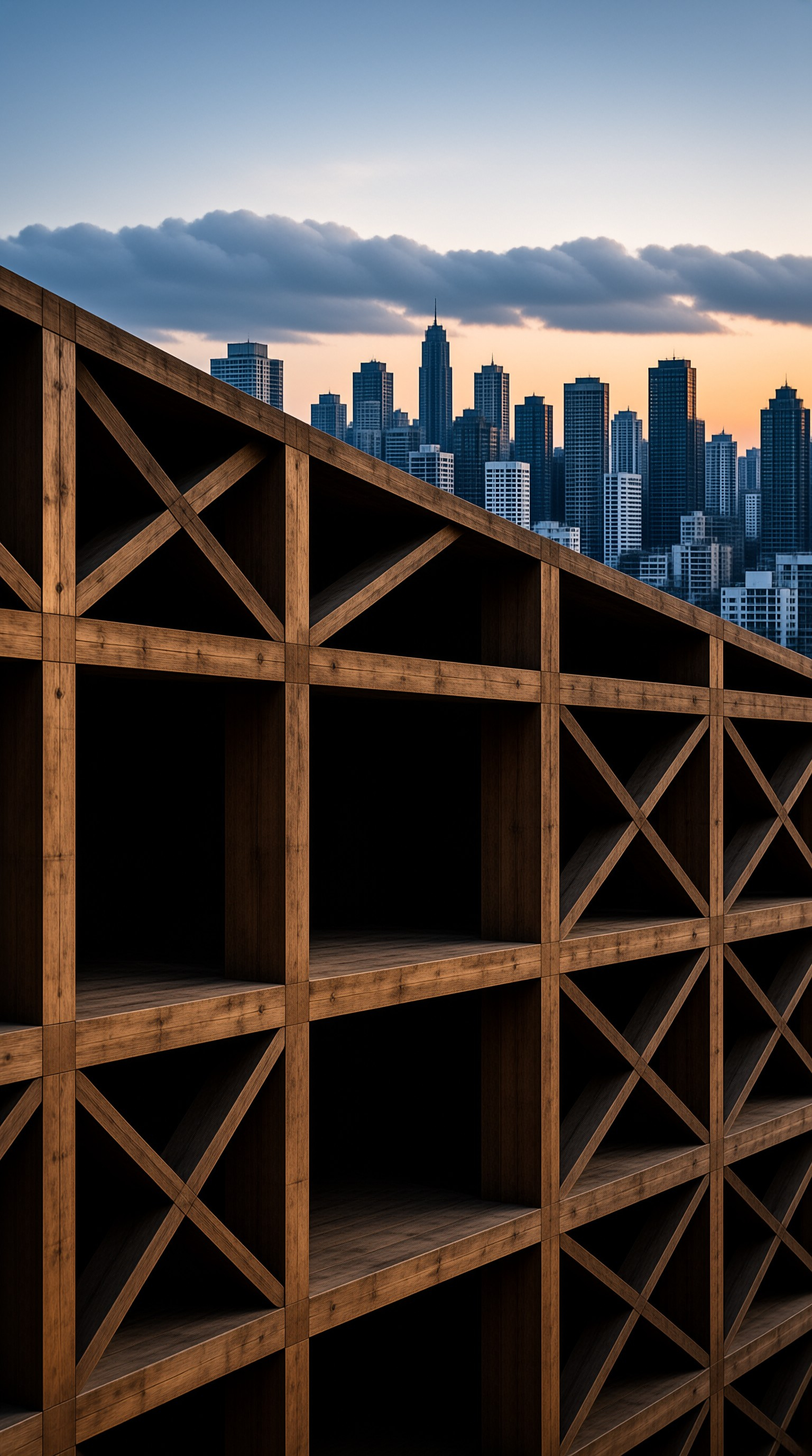 Dark wooden shelving with diagonal cross braces frames a dense urban skyline glowing under a cloudy twilight sky.