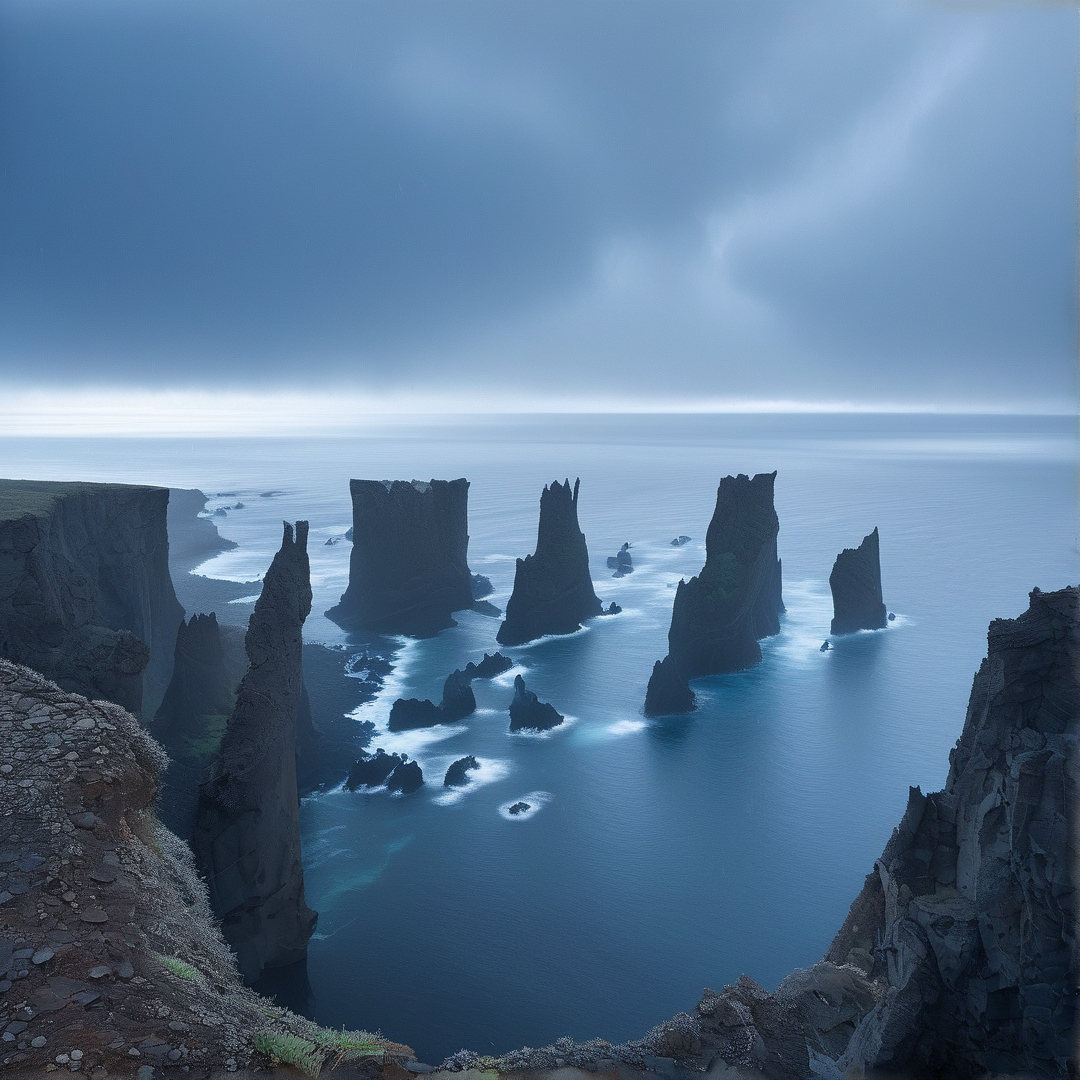 Misty Coastal Sea Stacks