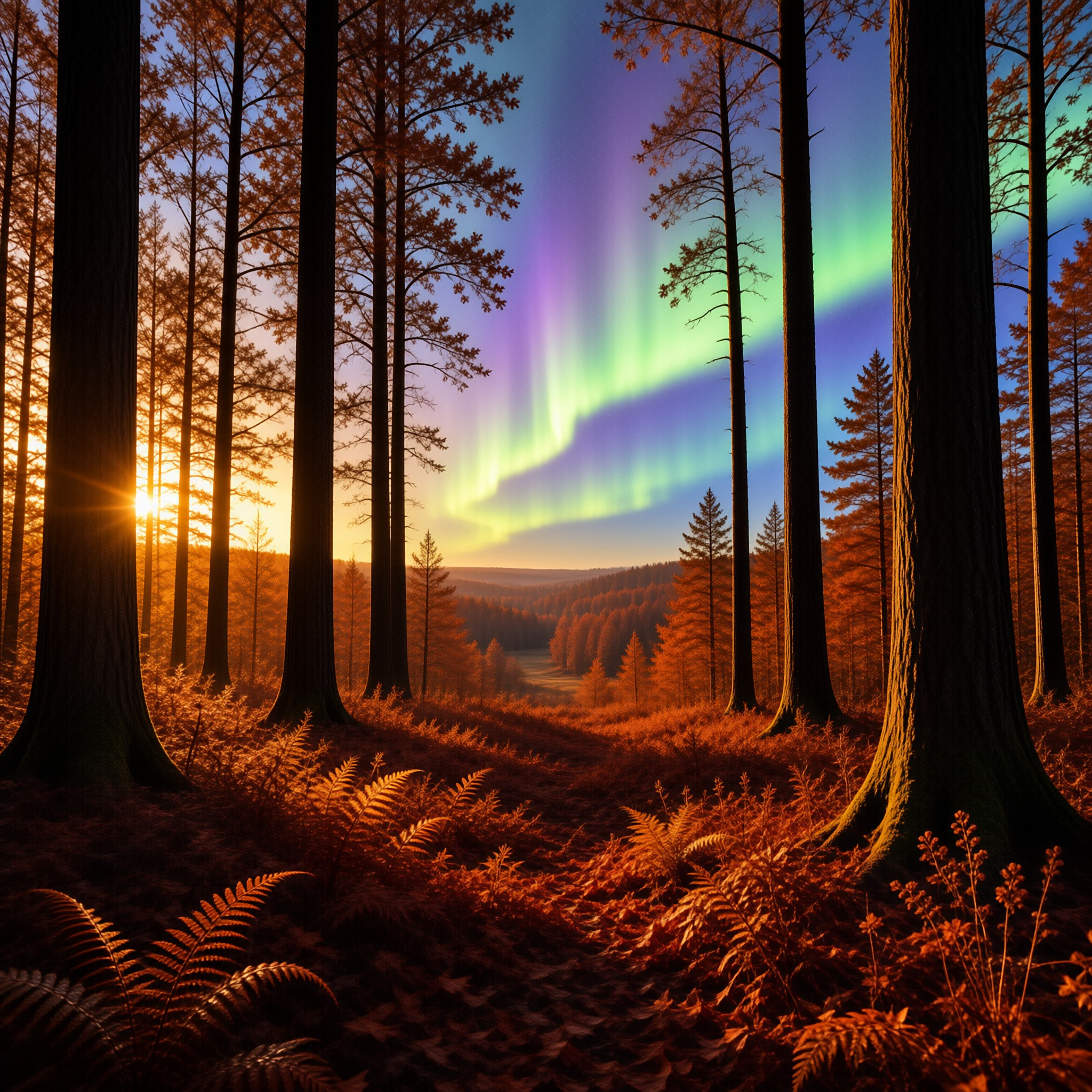 Forest Aurora at Sunset