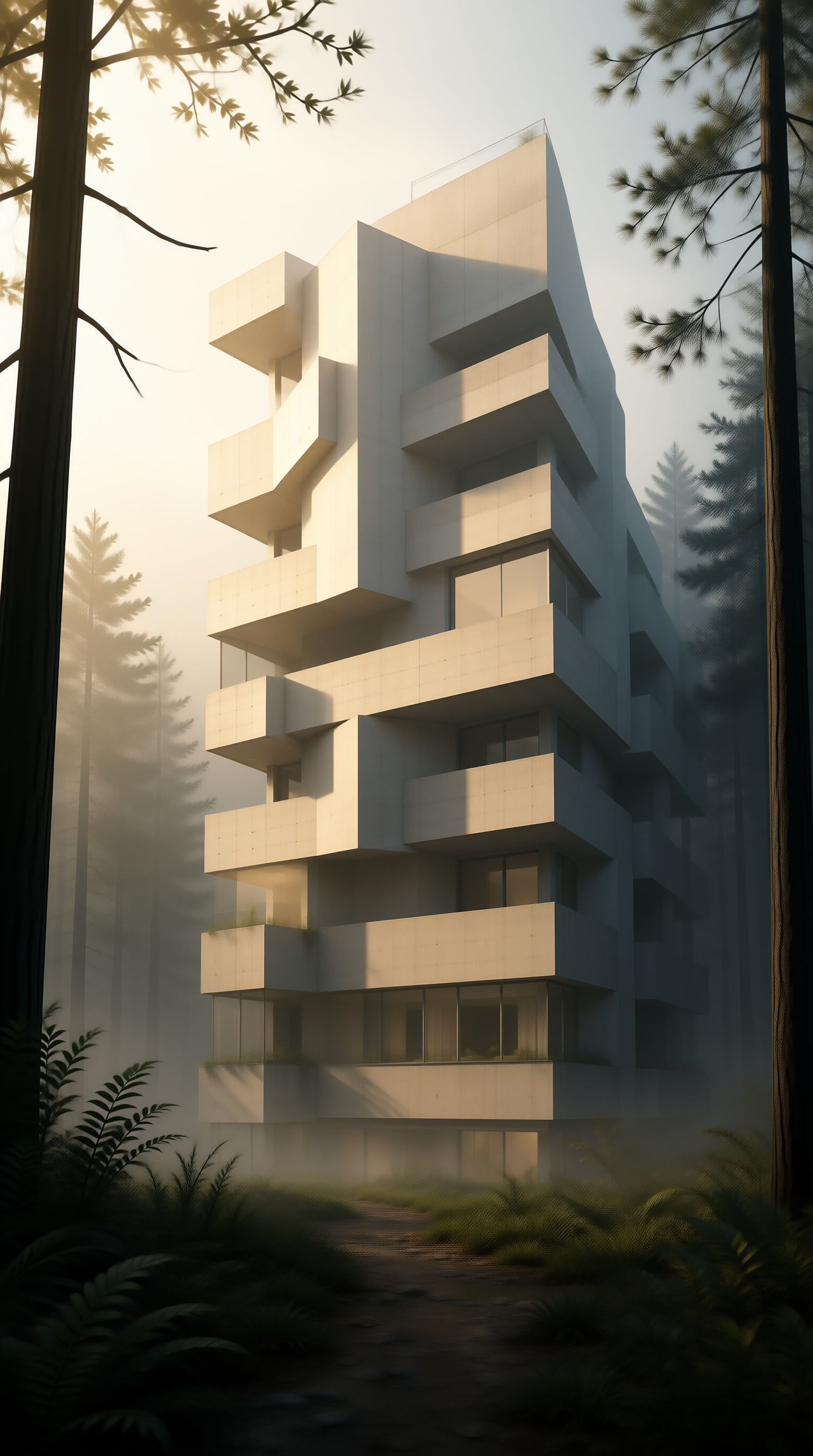 Residential Tower in Misty Pine Forest