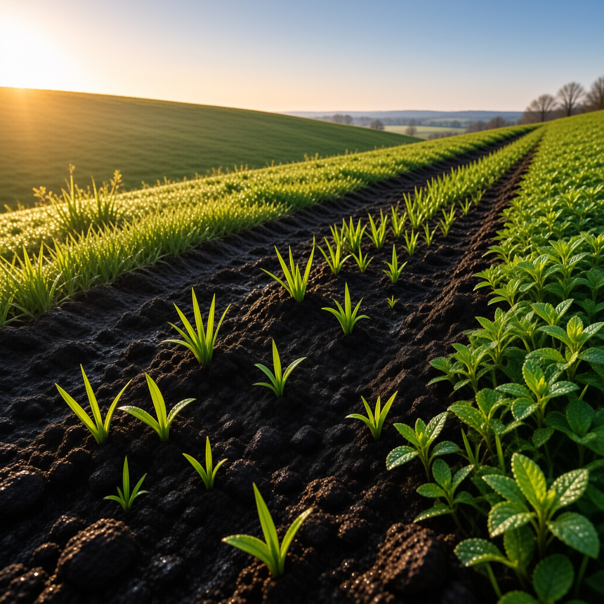 Rows of tiny green shoots emerge from rich black earth as golden morning light spills across rolling hills