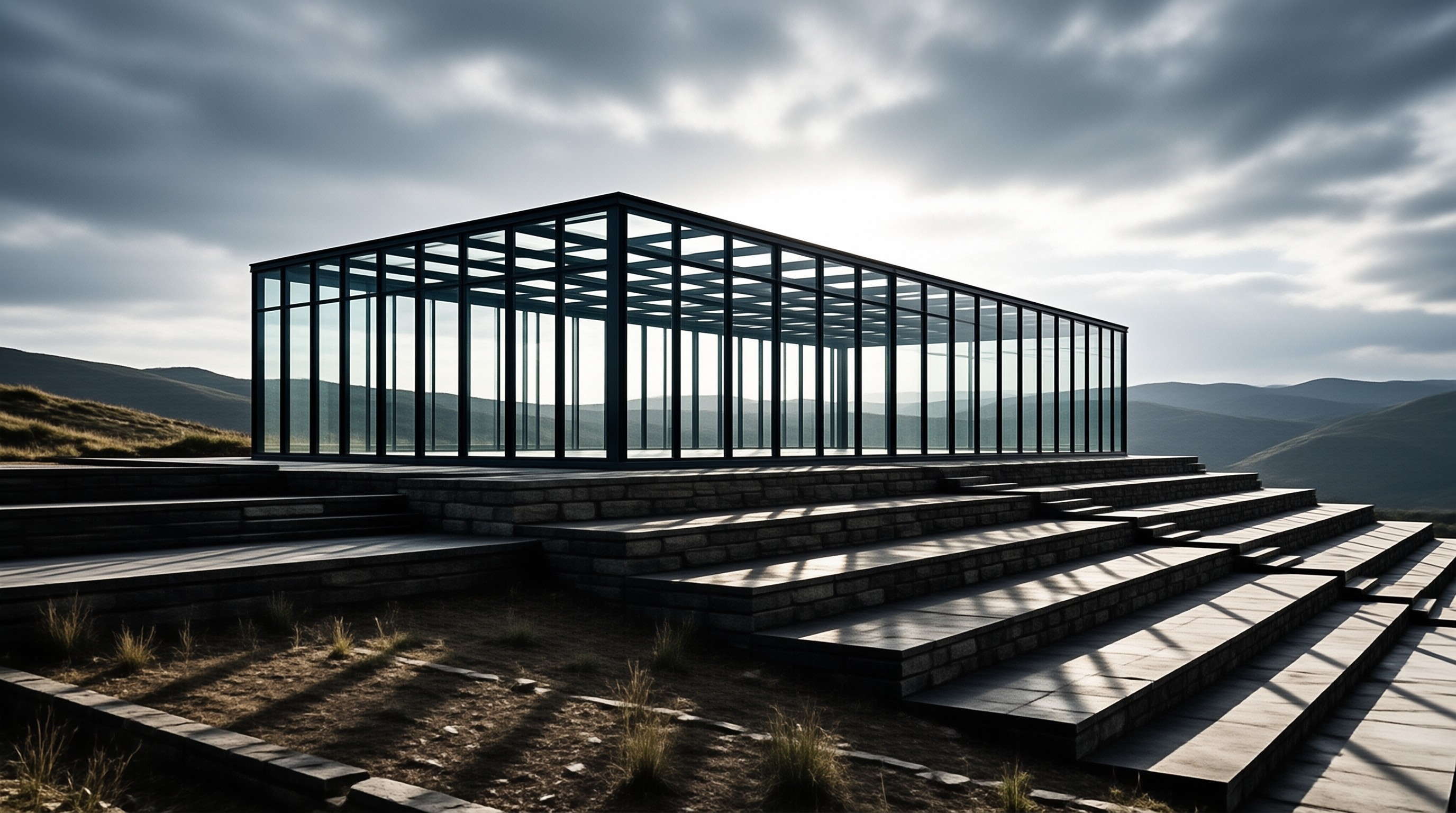 A transparent steel-framed glass box sits atop broad stone steps overlooking rolling green hills.