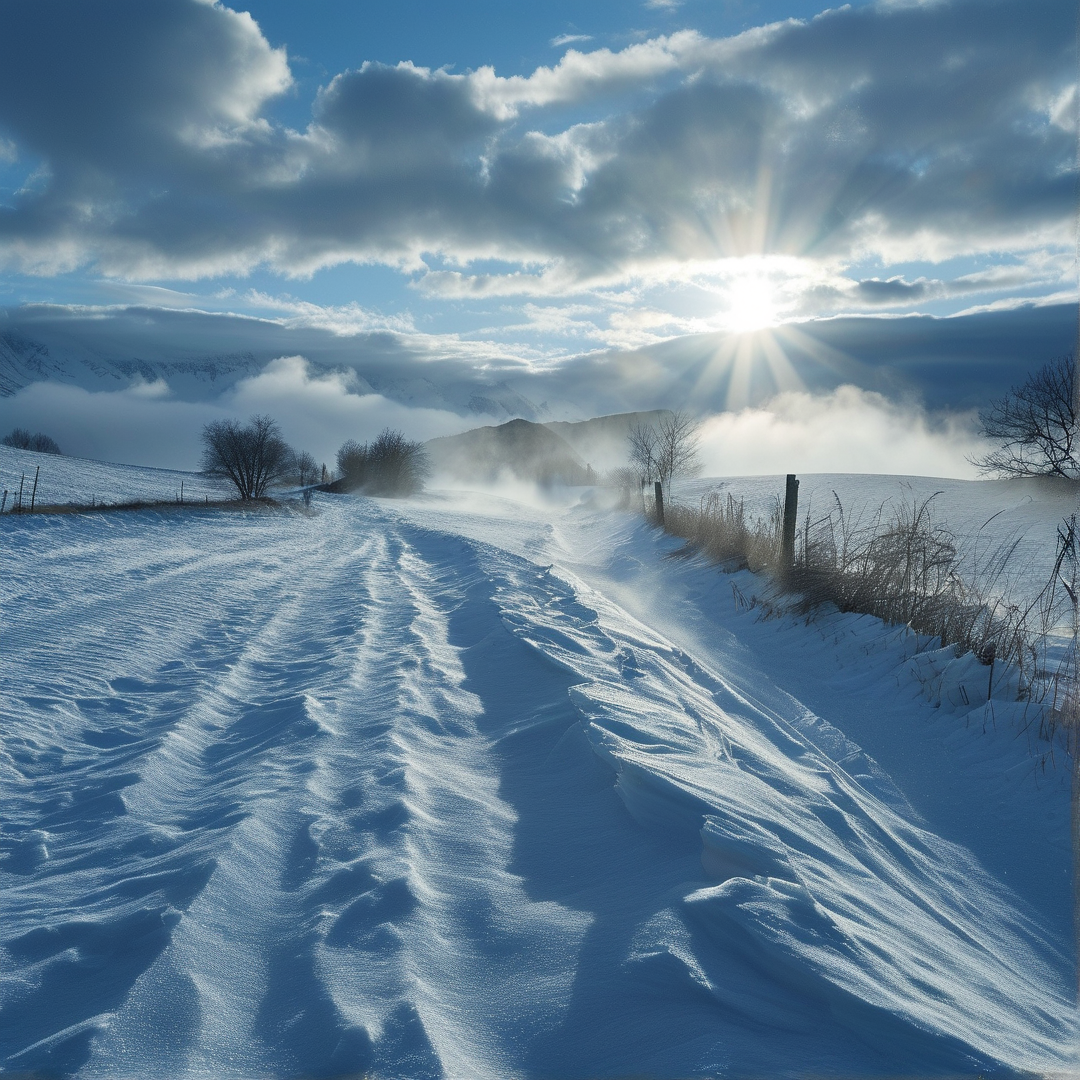 Sunlit Snowy Mountain Road