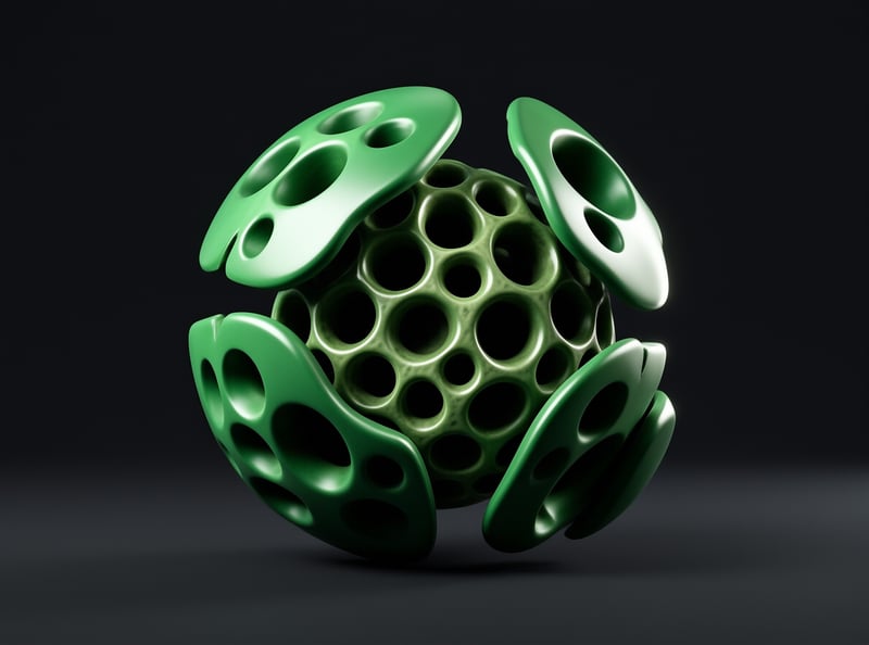 A glossy green 3D sphere with round holes opens into curved segments against a dark studio background.