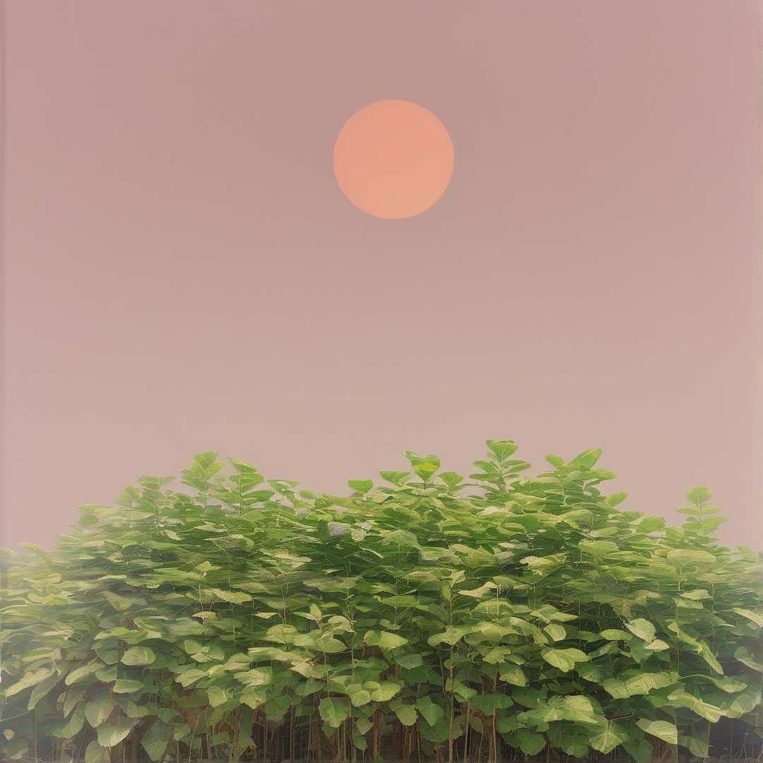 Leafy green plants fill the foreground beneath a vast lavender sky containing a single pale orange sun.