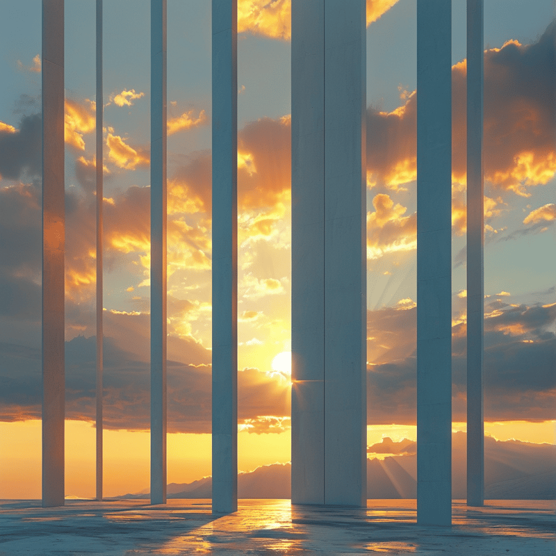 Tall white columns stand against a sunset sky with sunbeams piercing clouds and reflecting on wet ground.