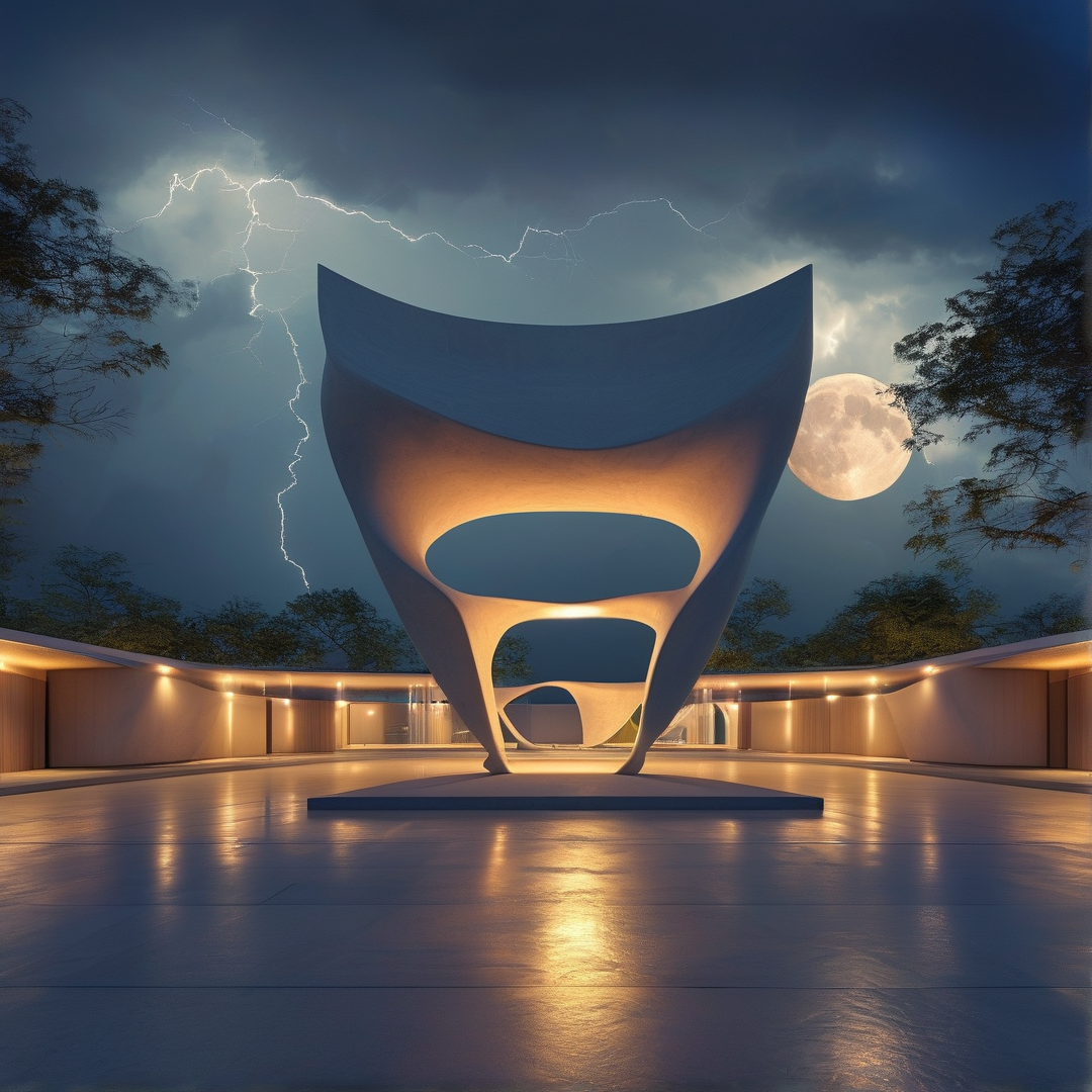 A white organic sculpture stands on a reflective plaza beneath a stormy sky with lightning and a full moon.