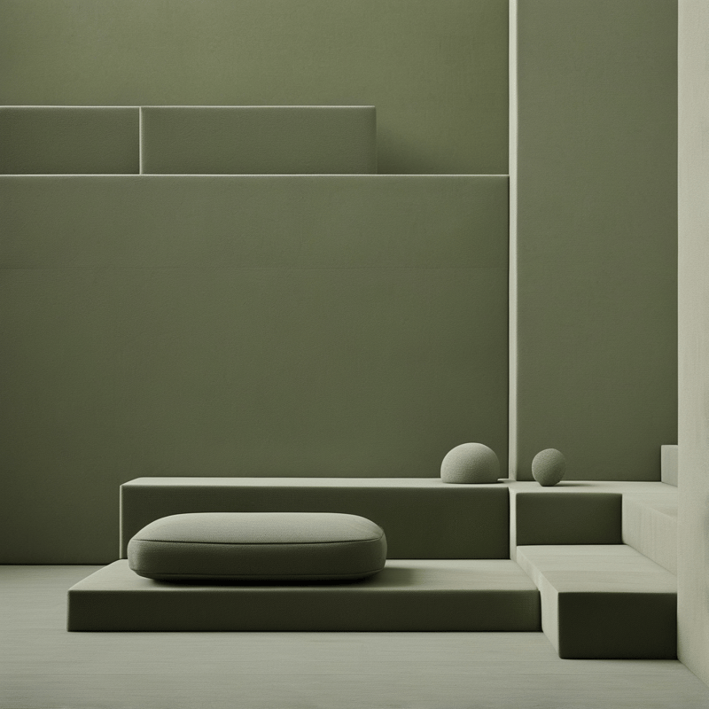 A rounded green cushion rests on a raised platform beside two spheres in a minimalist room with layered walls and muted lighting