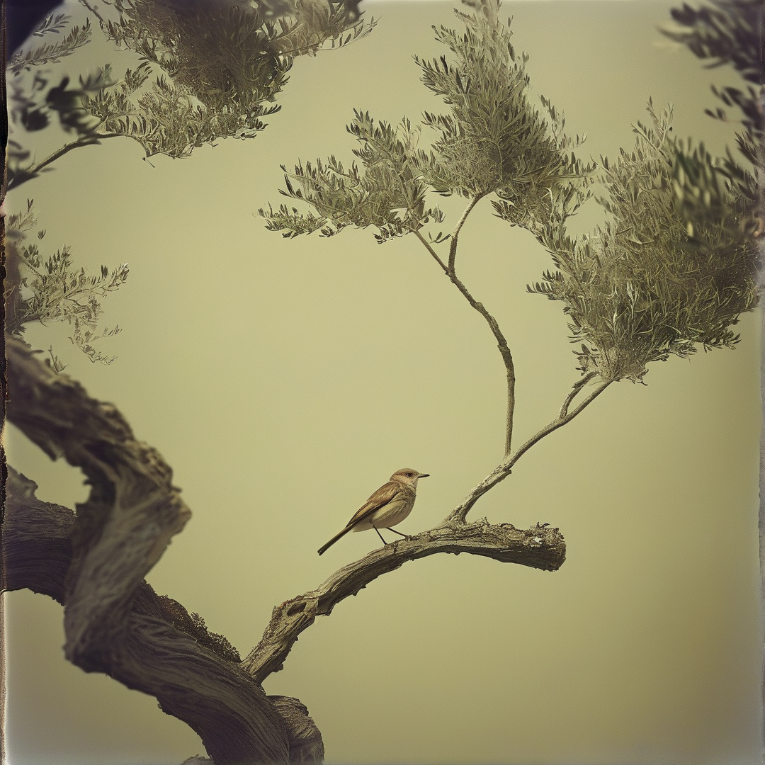 A small brown bird sits on a rough branch surrounded by feathery leaves against a plain beige background.