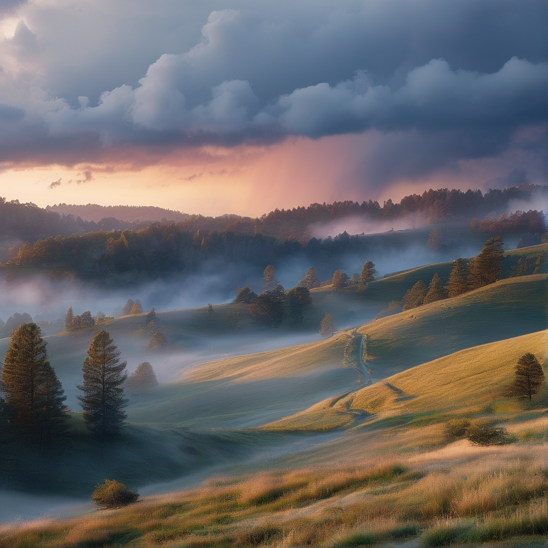 Sunlit Misty Hills