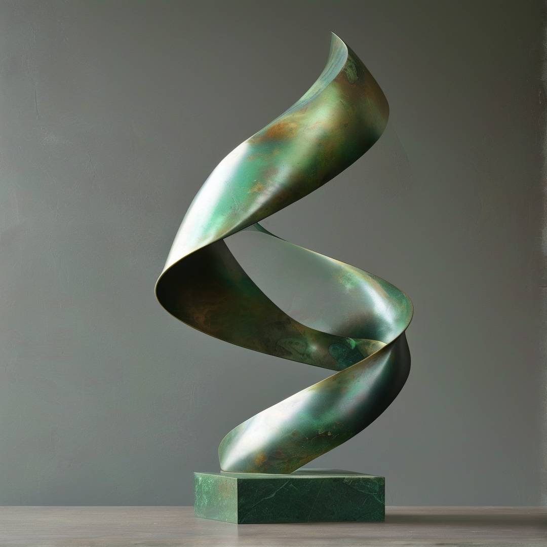 A twisted metallic form with green patina rests on a stone base against a smooth gray wall.