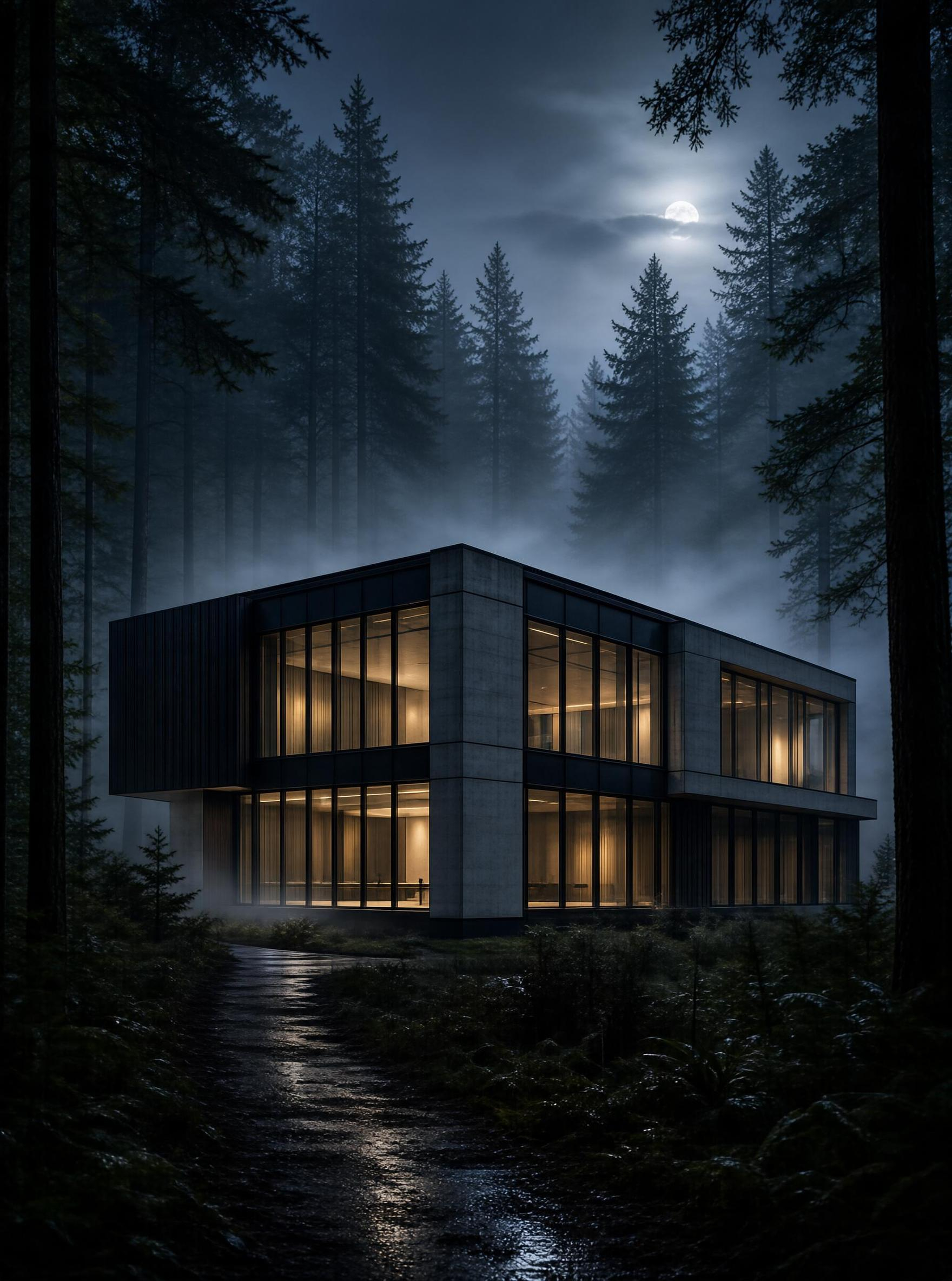Modern Forest Cabin at Night