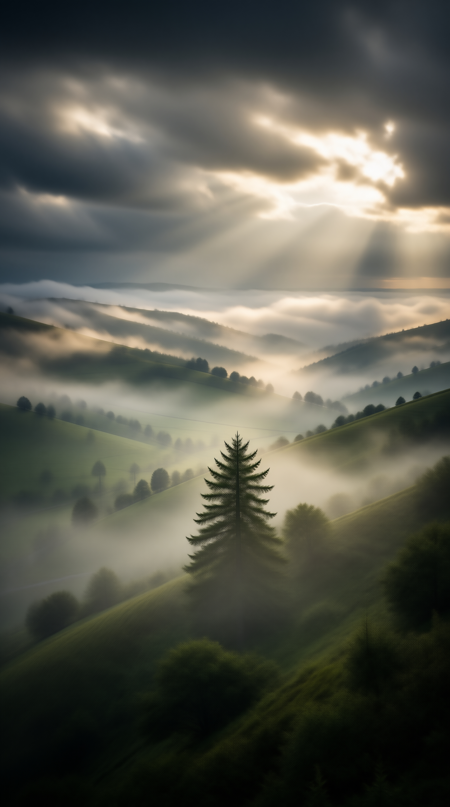 Lone Pine in Misty Valleys Landscape