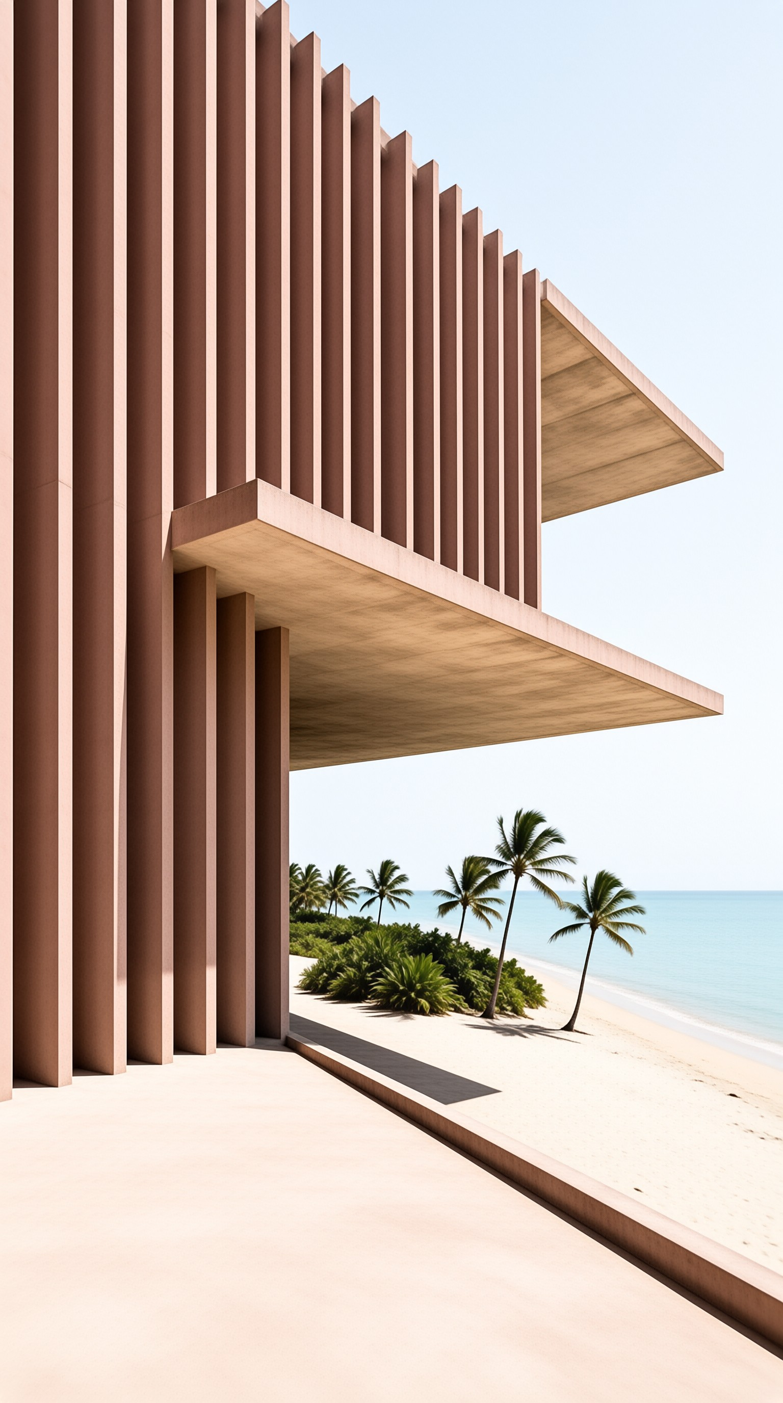 A contemporary structure with tall vertical slats casts shadows on a sunny day overlooking a palm-lined white sand beach.