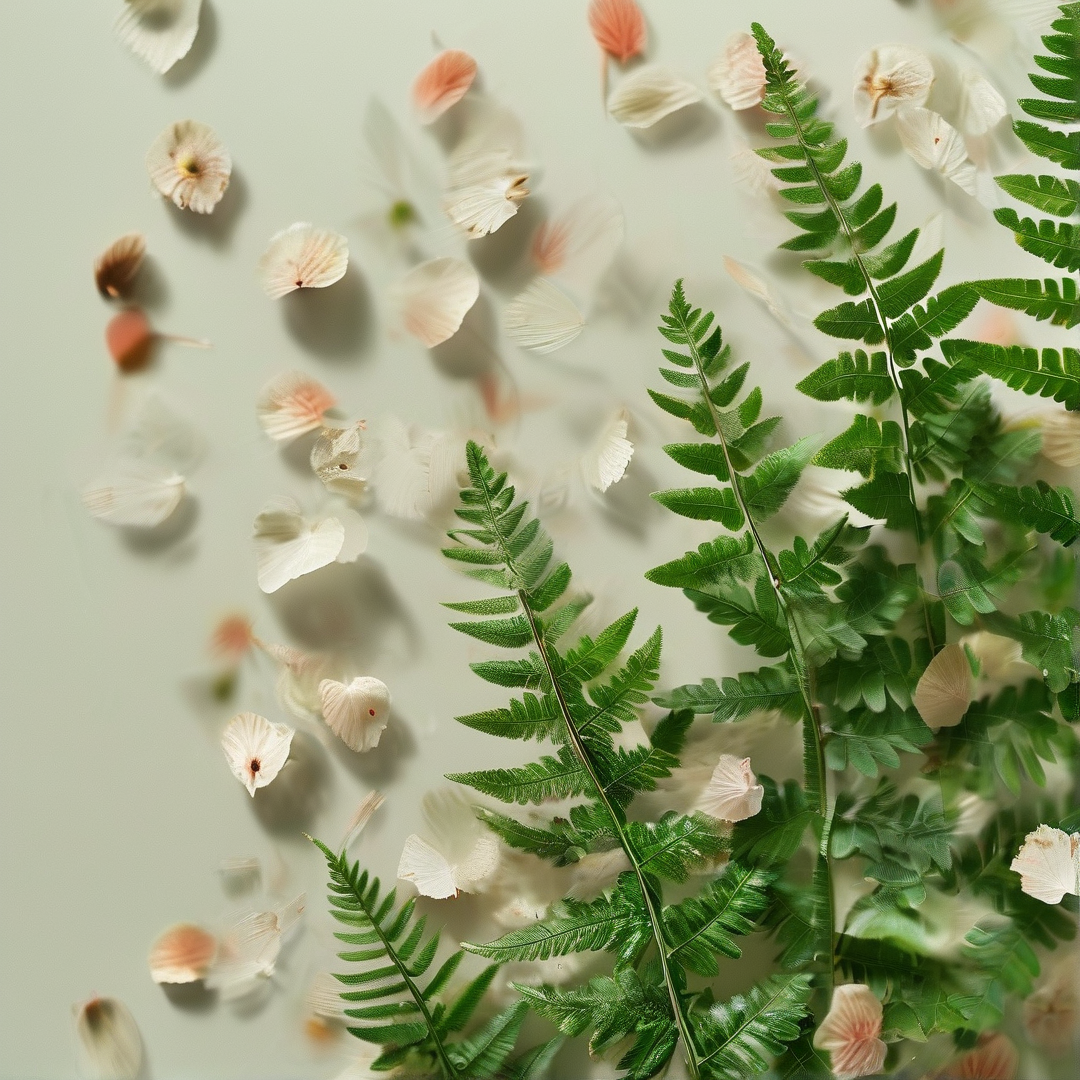 Soft Green Ferns and Blossoms