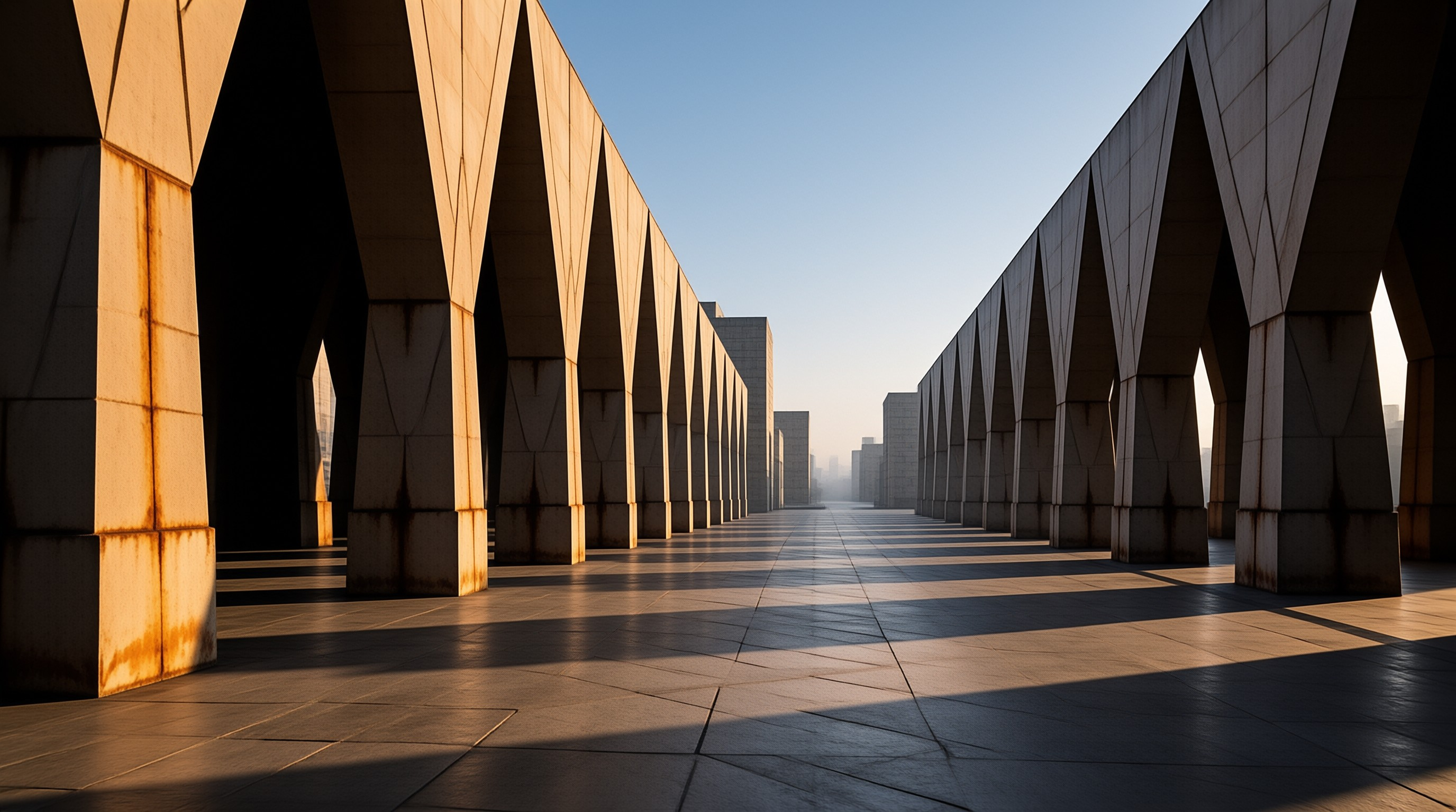 Symmetrical angular structures form a corridor where low sunlight projects geometric patterns across the smooth stone floor.