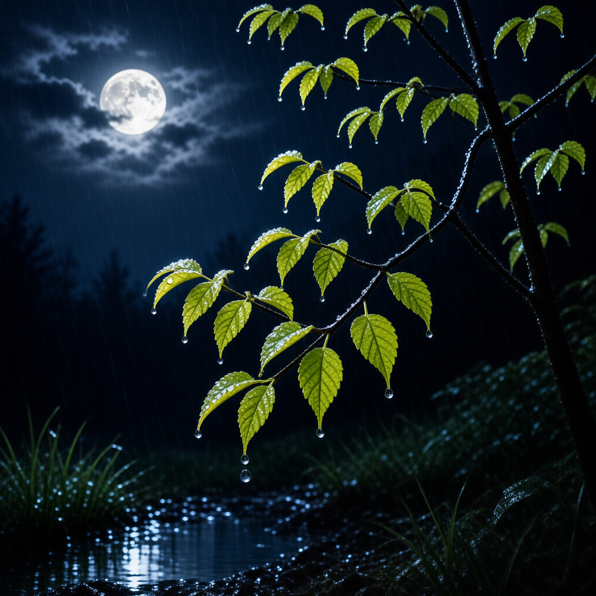 Rainy Night Moonlight on Leaves