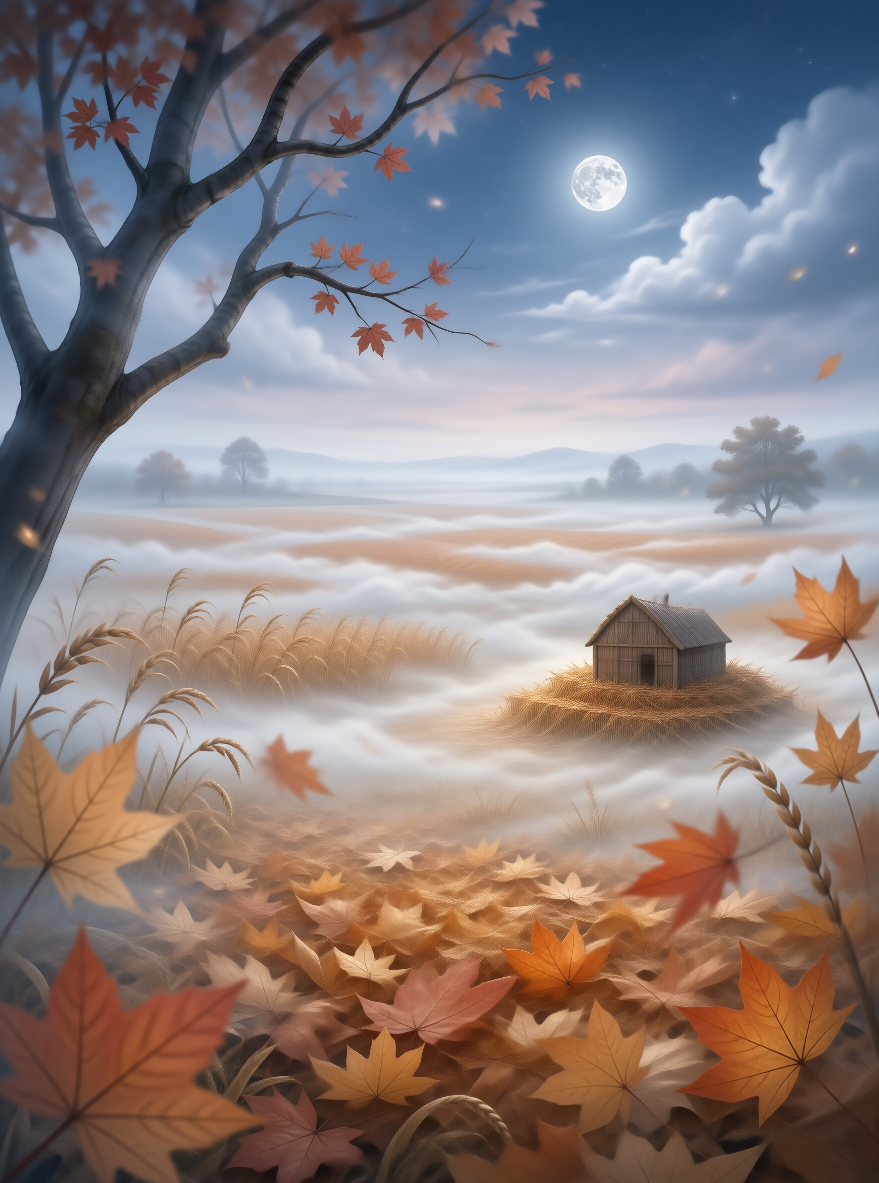 Misty Autumn Moonlit Field