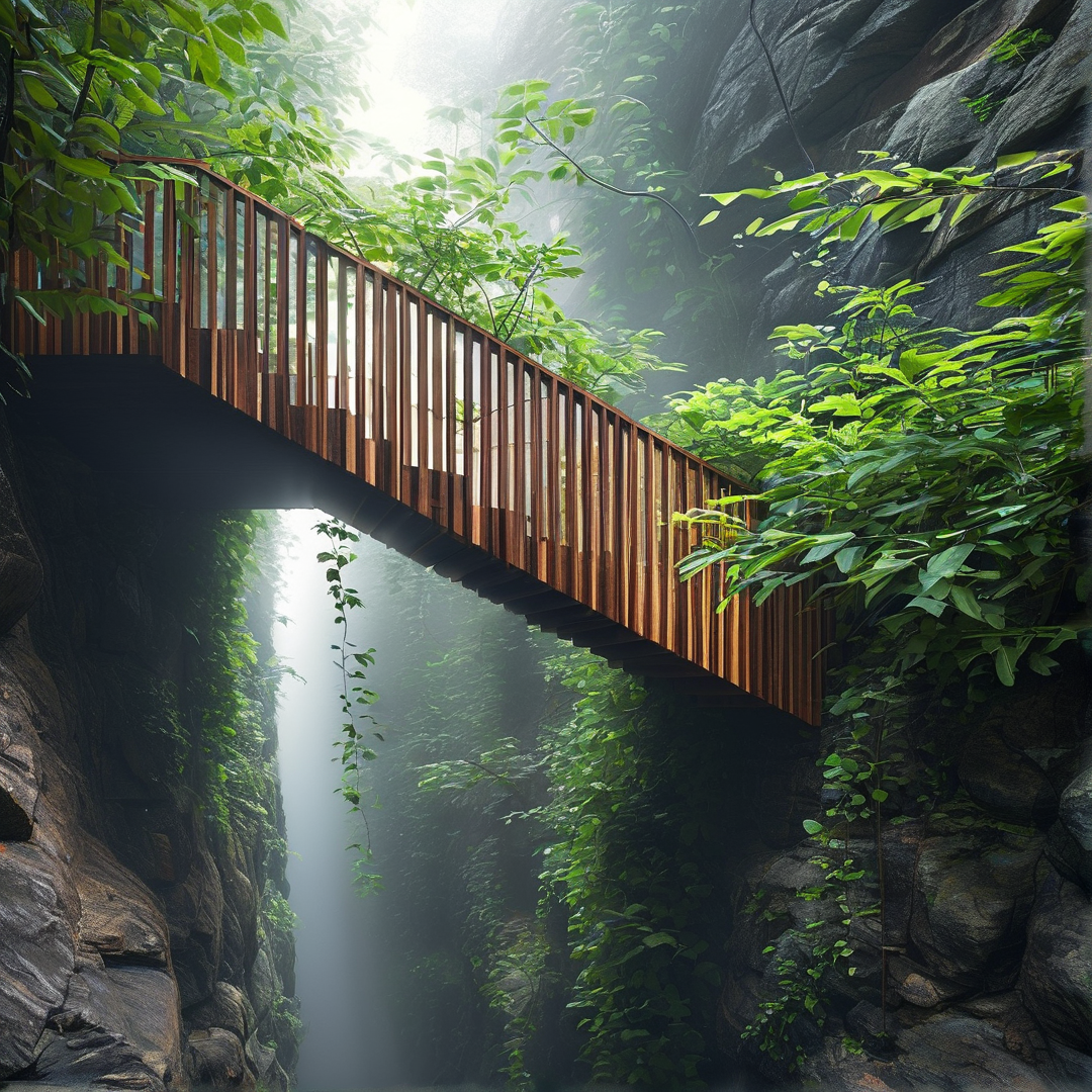 Wooden Bridge in Misty Gorge