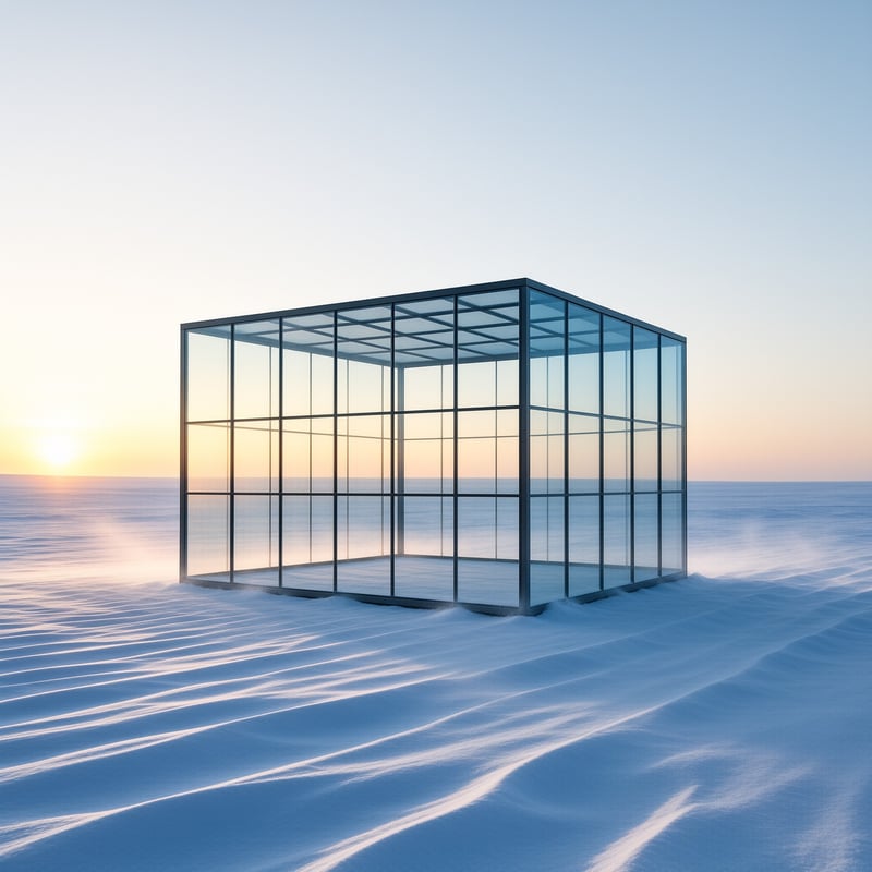 A transparent steel framed cube stands alone on wind rippled snow as the low winter sun glows over a frozen sea beyond it.