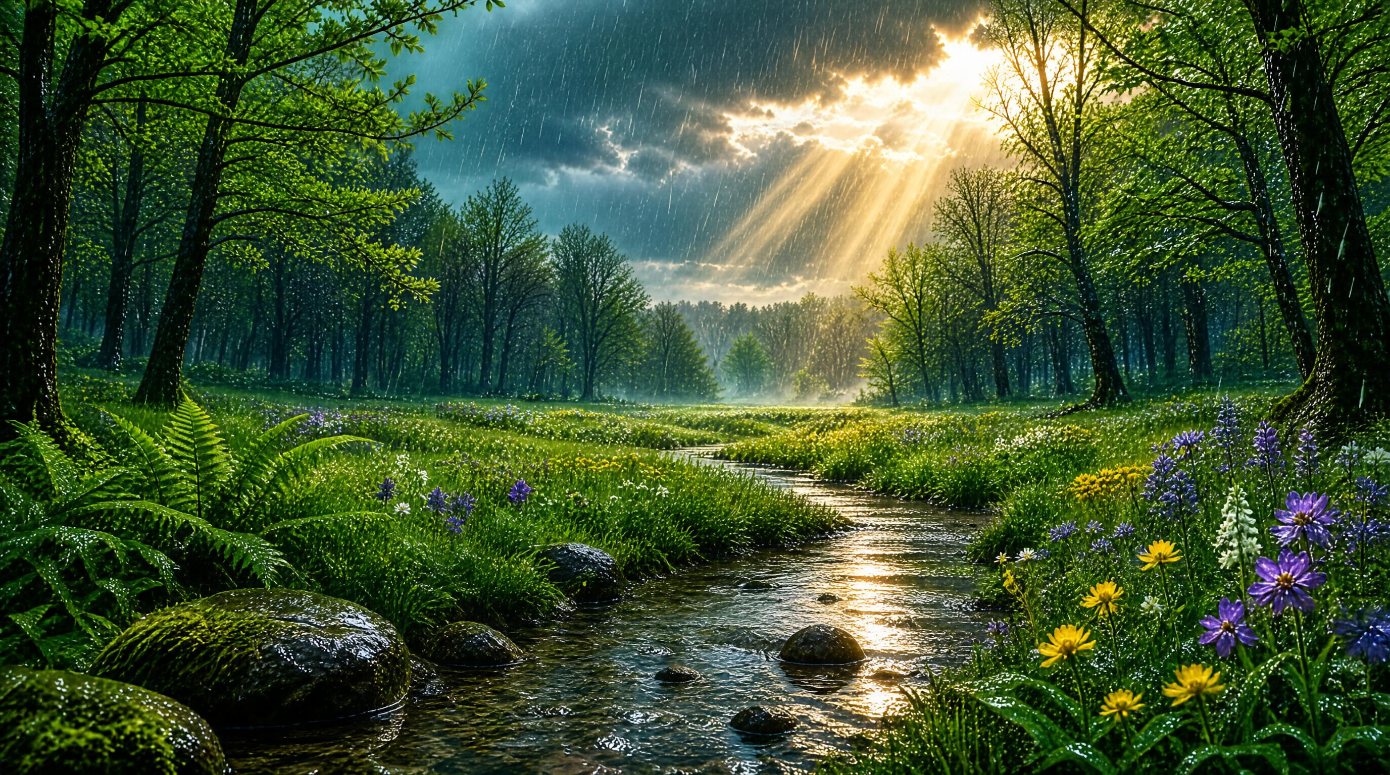 Rainlit Forest Stream at Dusk