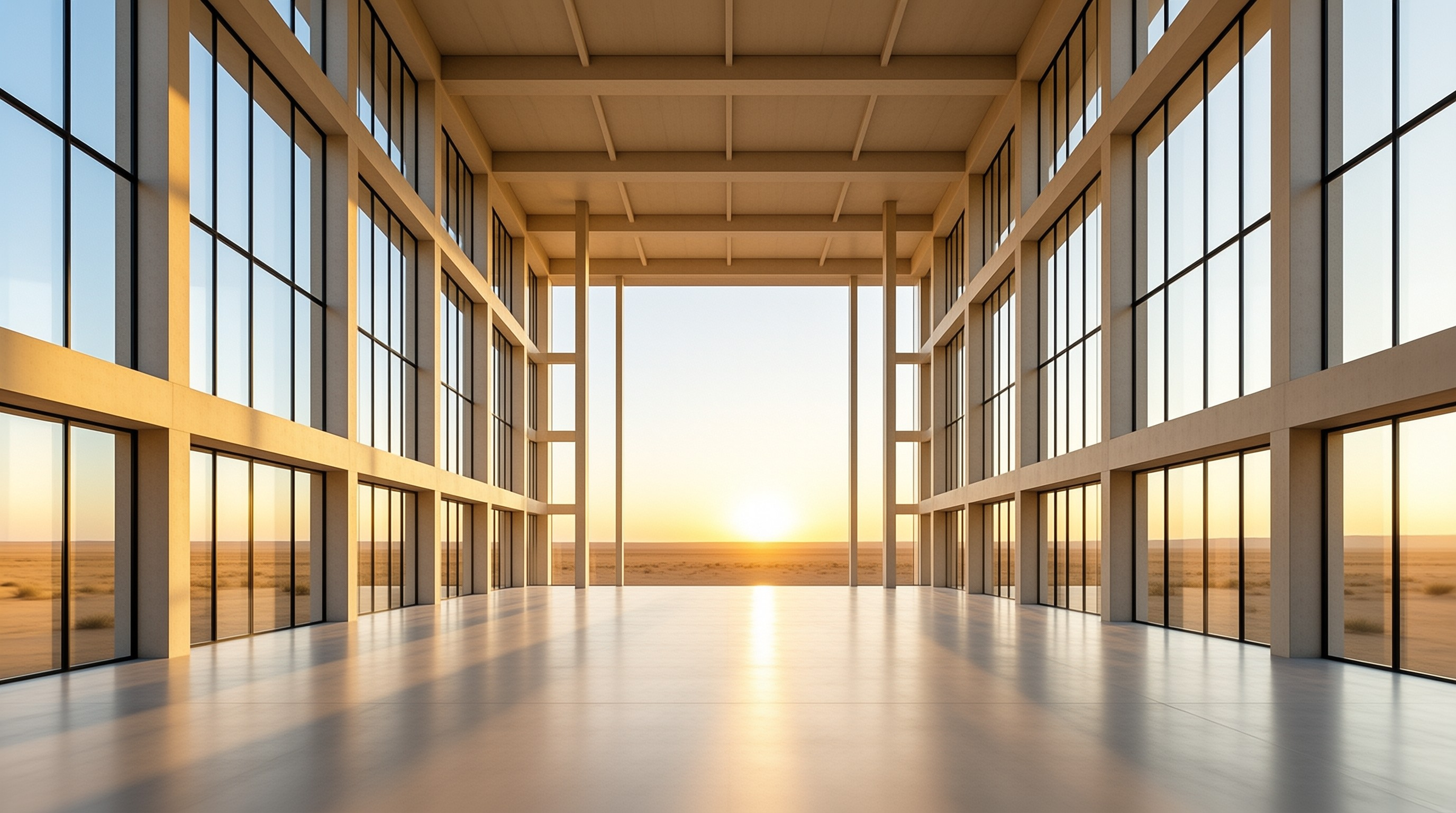 An open concrete framed glass building opens onto a flat sunlit desert, with warm golden light reflecting across its smooth empty floor.