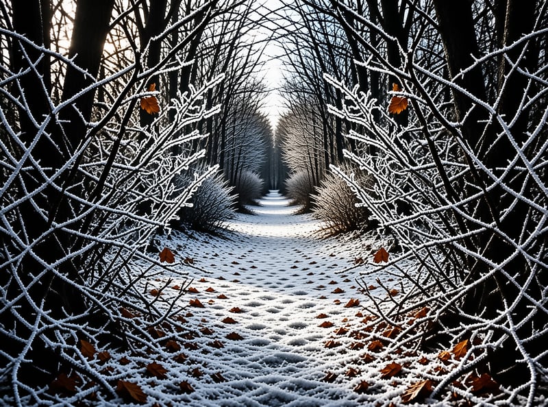 A path winds through a forest where branches are coated in thick white frost, creating a tunnel effect lit by distant sunlight.