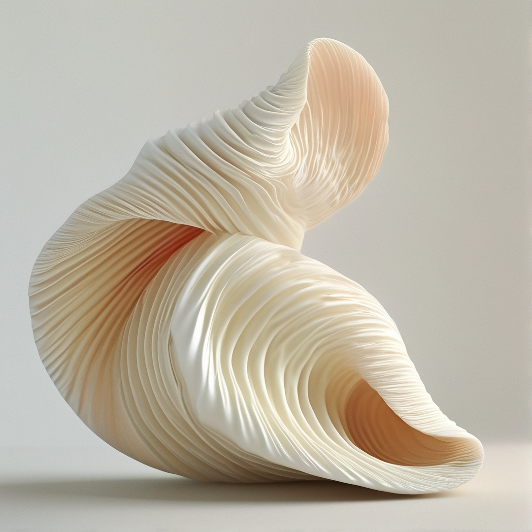 A white spiral shell sculpture with ribbed textures sits on a neutral surface under soft lighting.