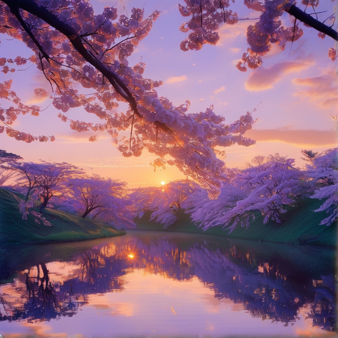 Vibrant pink cherry trees line a calm river bank under a purple and orange sunset sky.