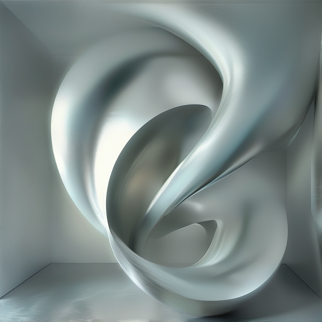 A silvery abstract sculpture with smooth curves stands in a minimalist gray room under soft lighting