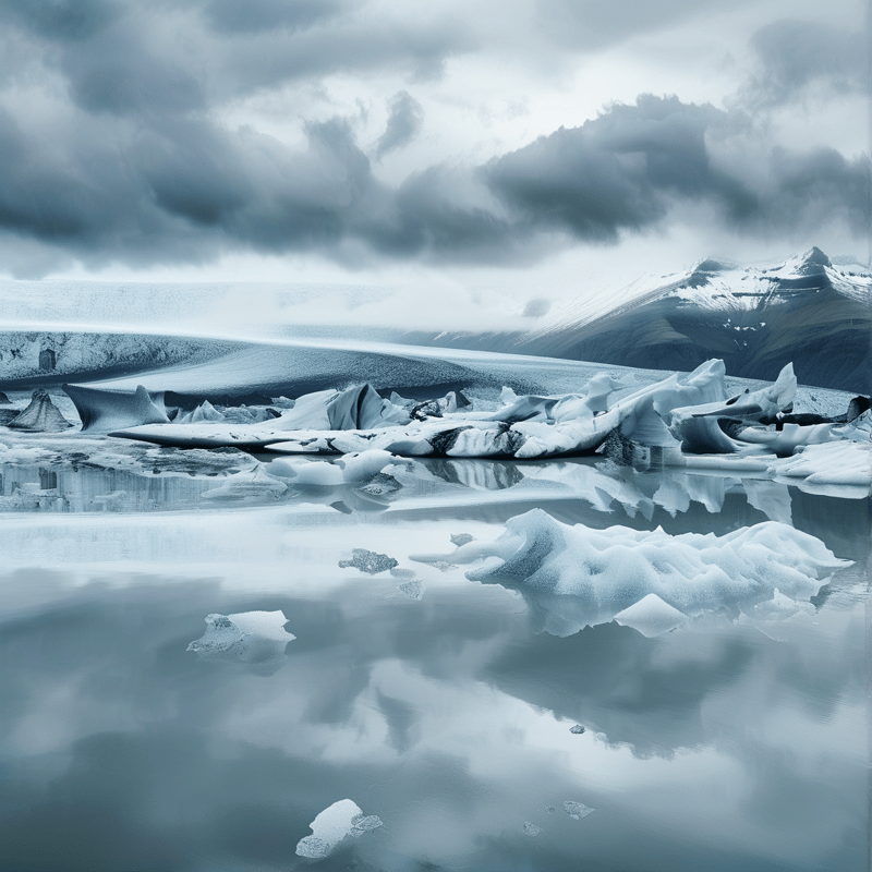 Large ice chunks drift across calm water while snow covered hills rise beneath a thick layer of grey storm clouds.