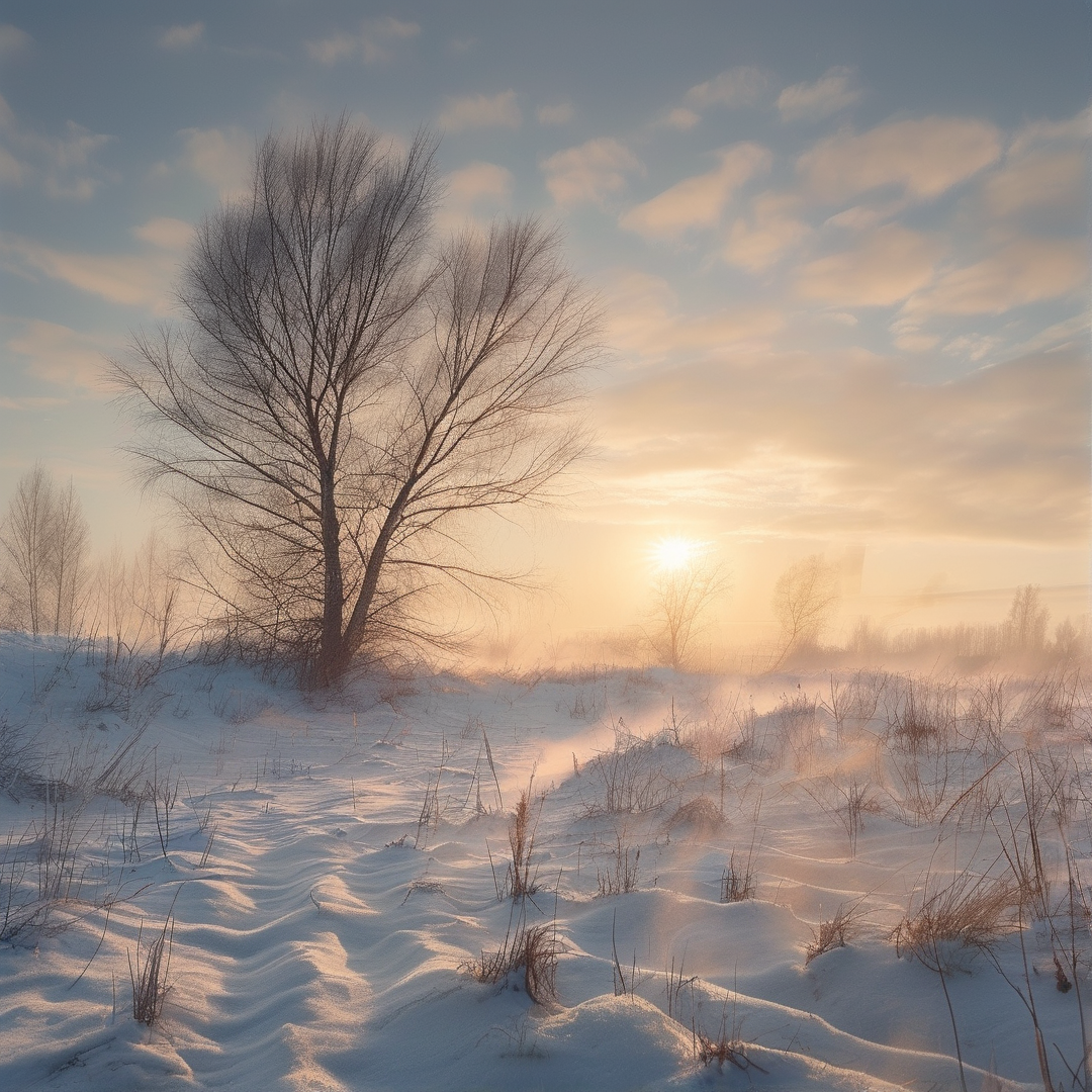 Winter Sunset with Lone Tree