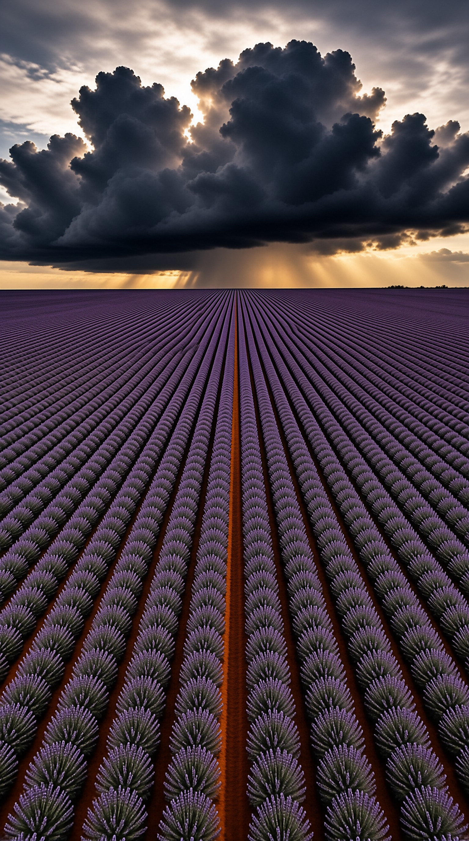 Purple lavender rows stretch across a field toward a horizon with dark clouds and golden sunbeams piercing the sky.